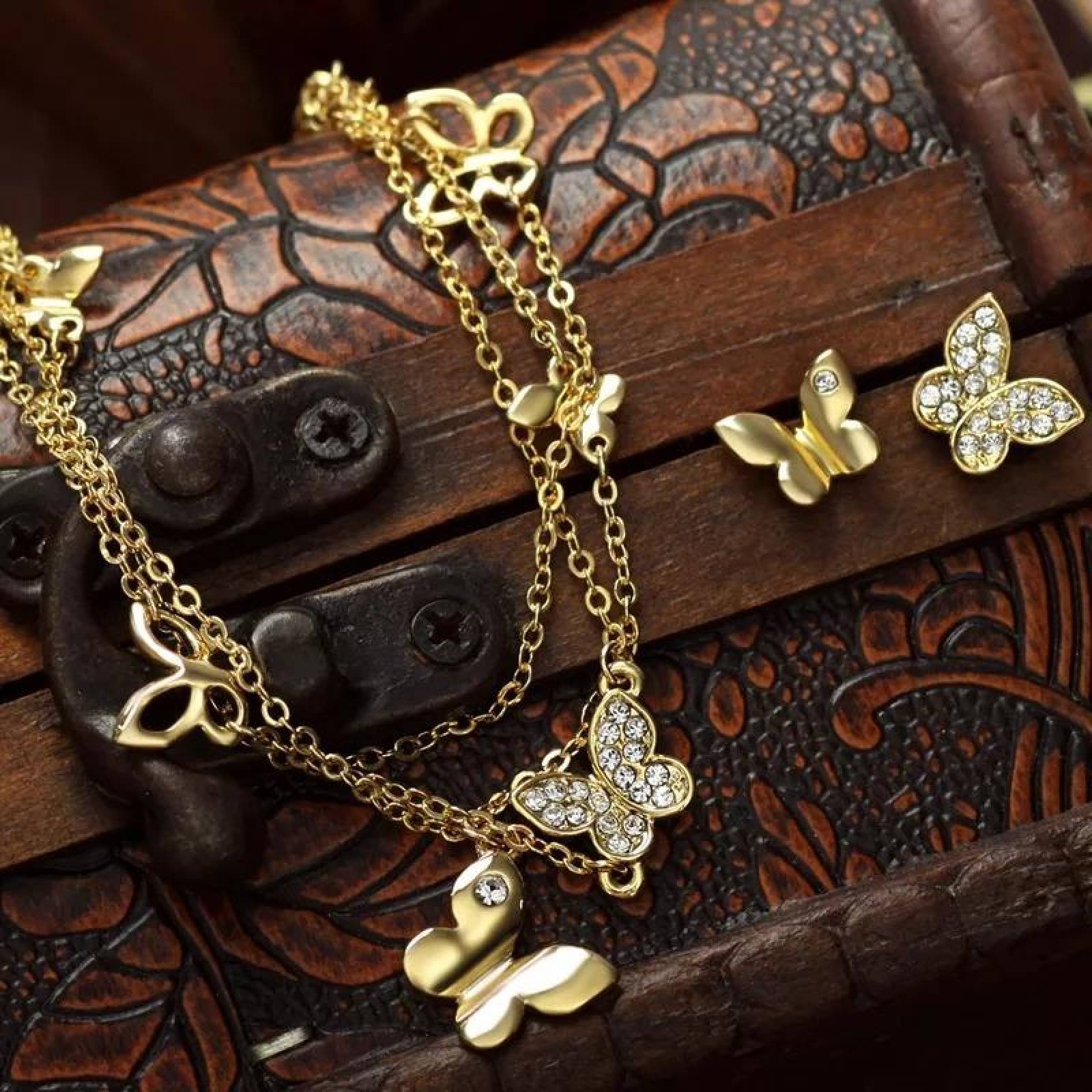 CRISTAL AMOR - Collar Aretes Y Pulsera Mariposa Cristal Oro Laminado 