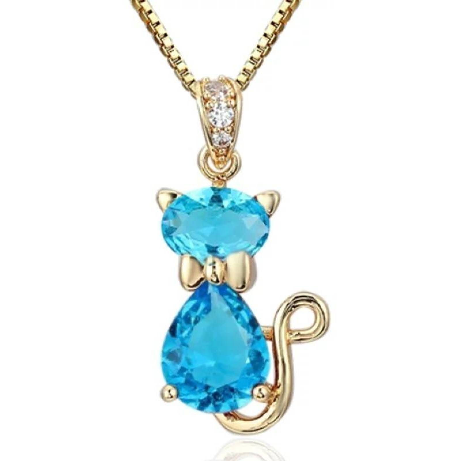 CRISTAL AMOR - Collar Gato Con Cristales Oro 14k Laminado Aquamarina