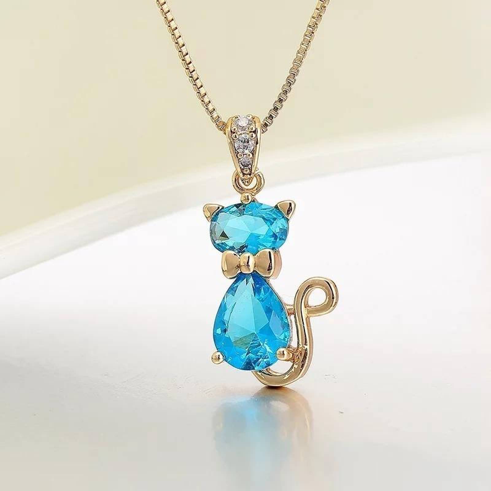 CRISTAL AMOR - Collar Gato Con Cristales Oro 14k Laminado Aquamarina