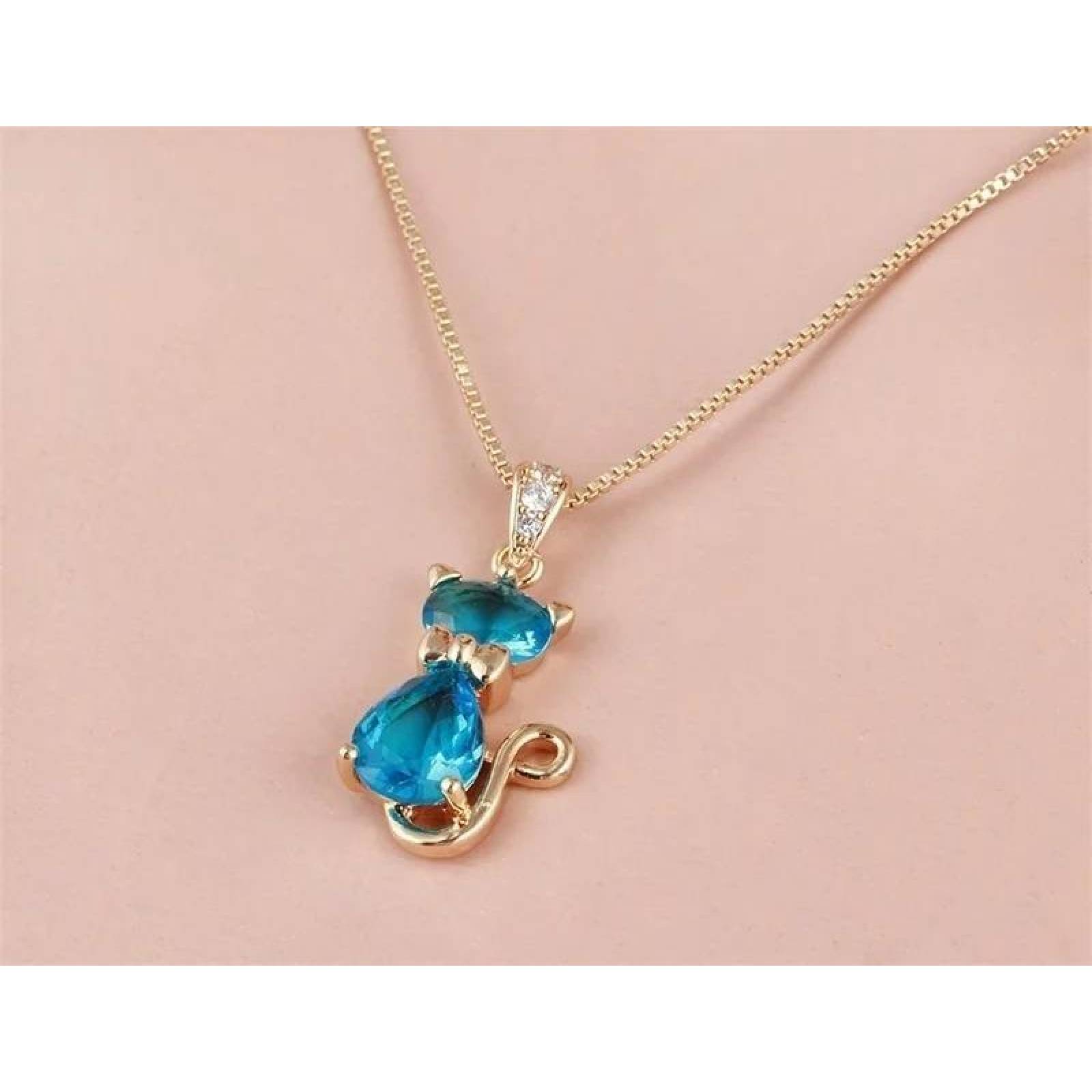 CRISTAL AMOR - Collar Gato Con Cristales Oro 14k Laminado Aquamarina