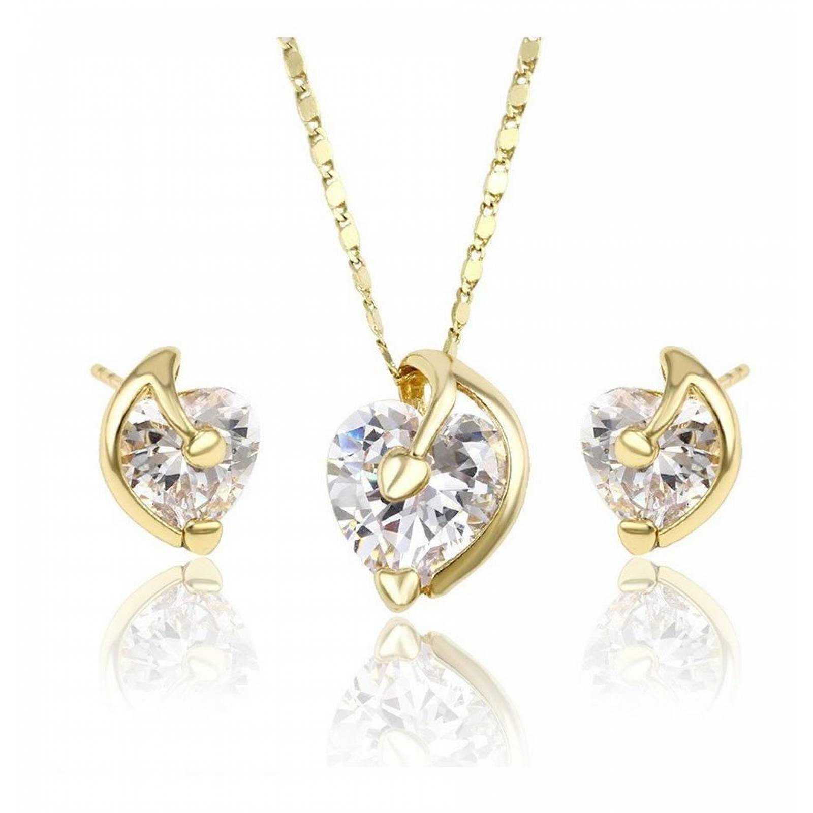 CRISTAL AMOR - Collar Y Aretes Con Corazón Cristal Oro 14k Laminado Dorado