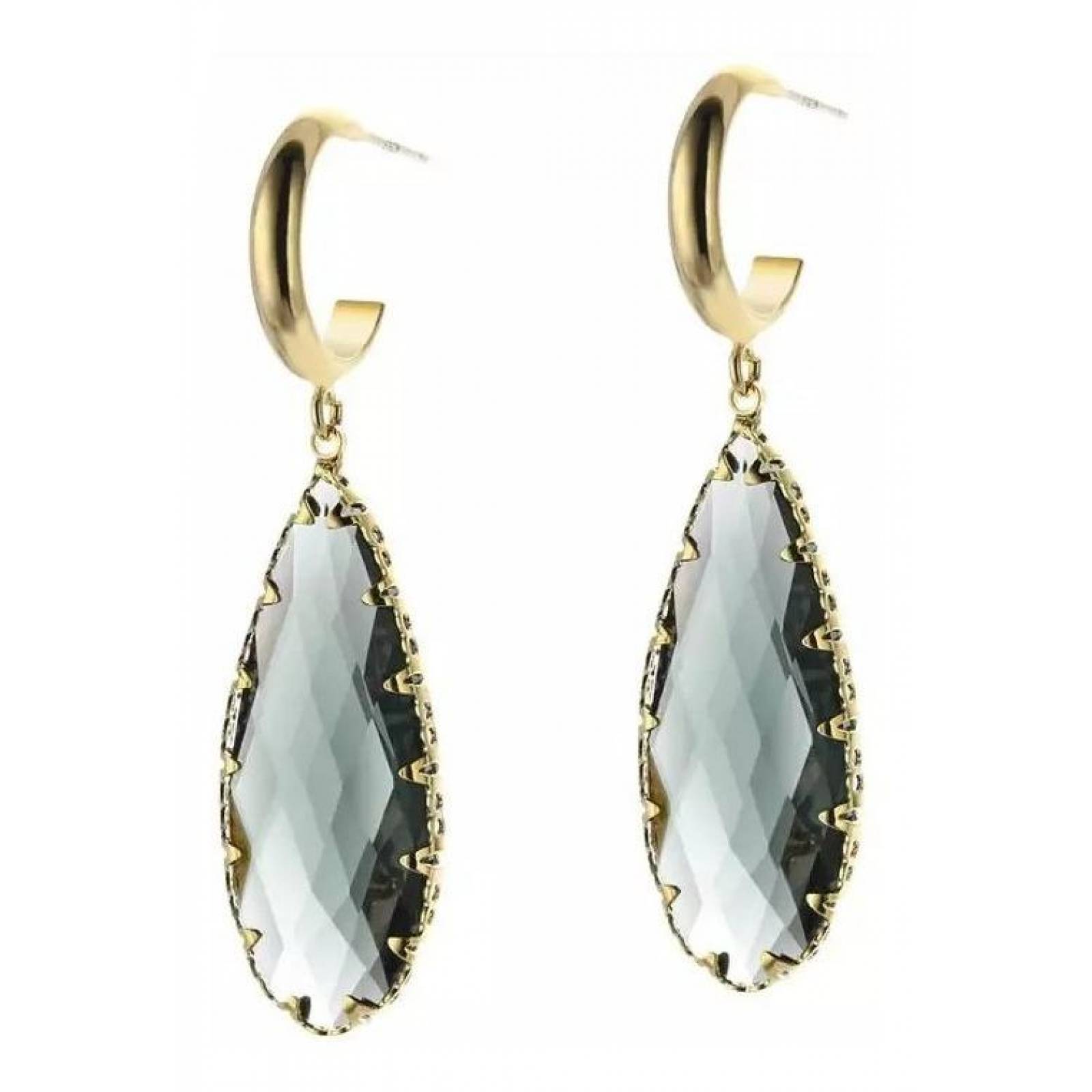 CRISTAL AMOR - Aretes Largos Gota Cristal Azul Humo Oro Laminado 14k Dorado