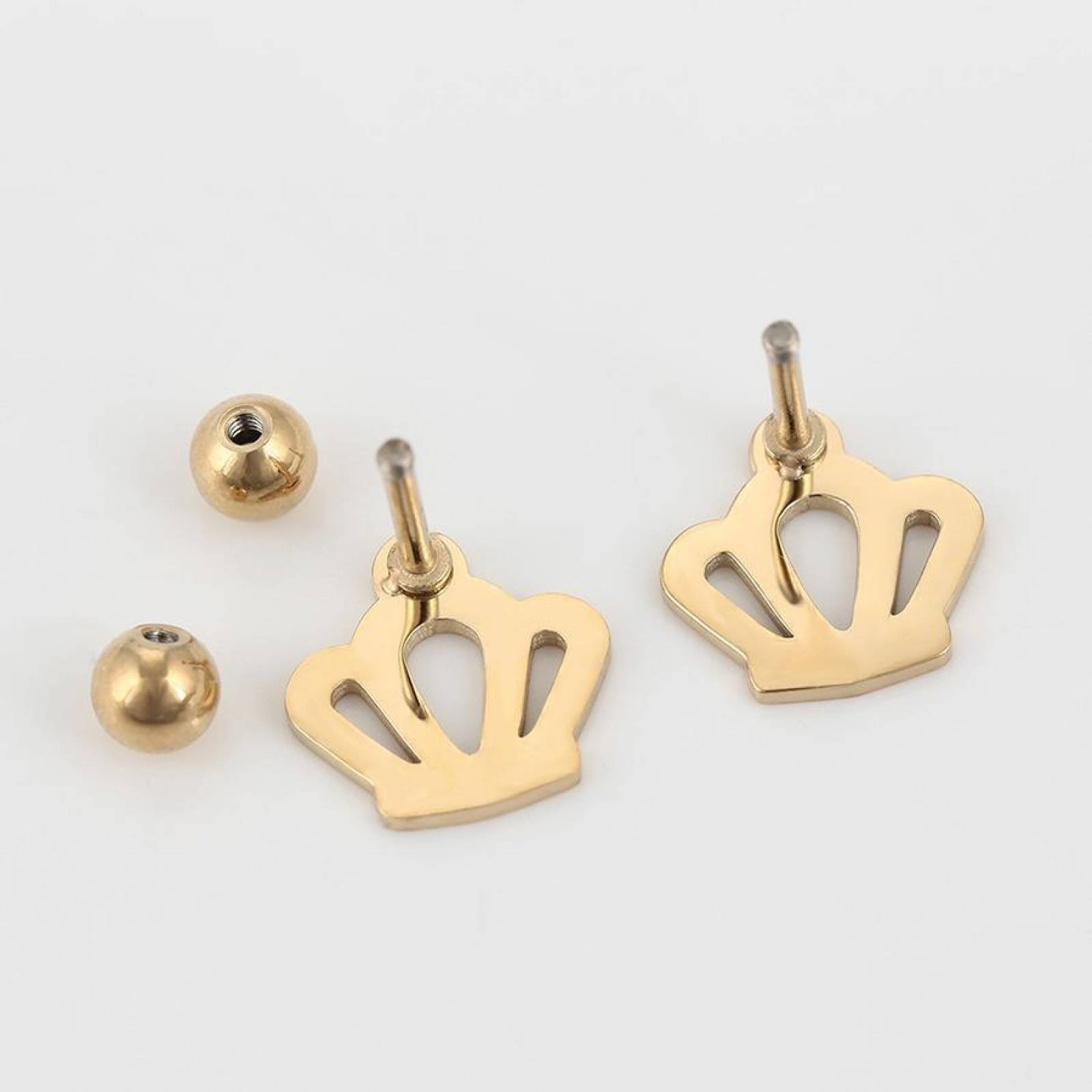 CRISTAL AMOR - Broqueles Corona Princess Queen Oro 14k Laminado Bolita Dorado