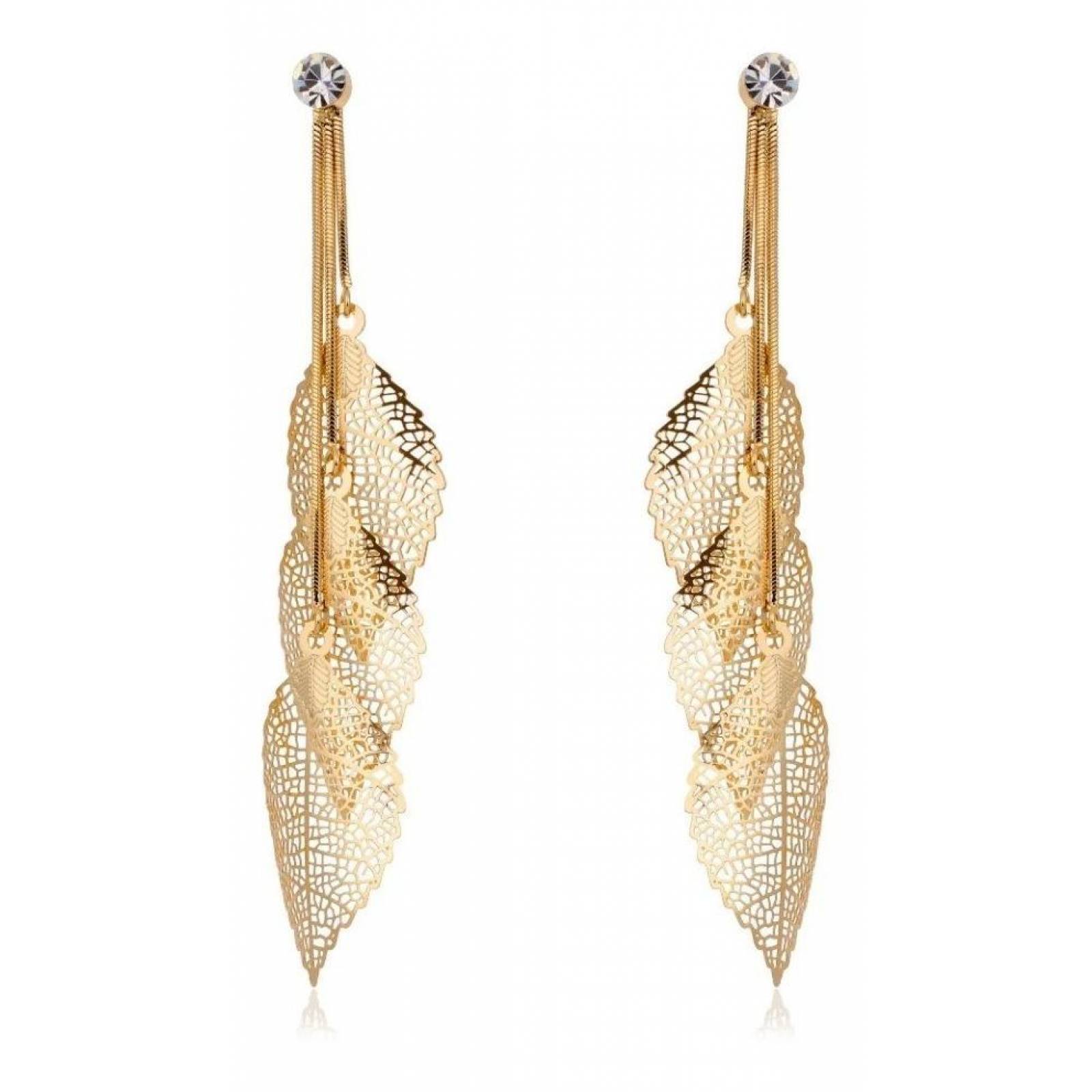 CRISTAL AMOR - Aretes Largos Hojas Filigrana Cristal Oro 14k Laminado 