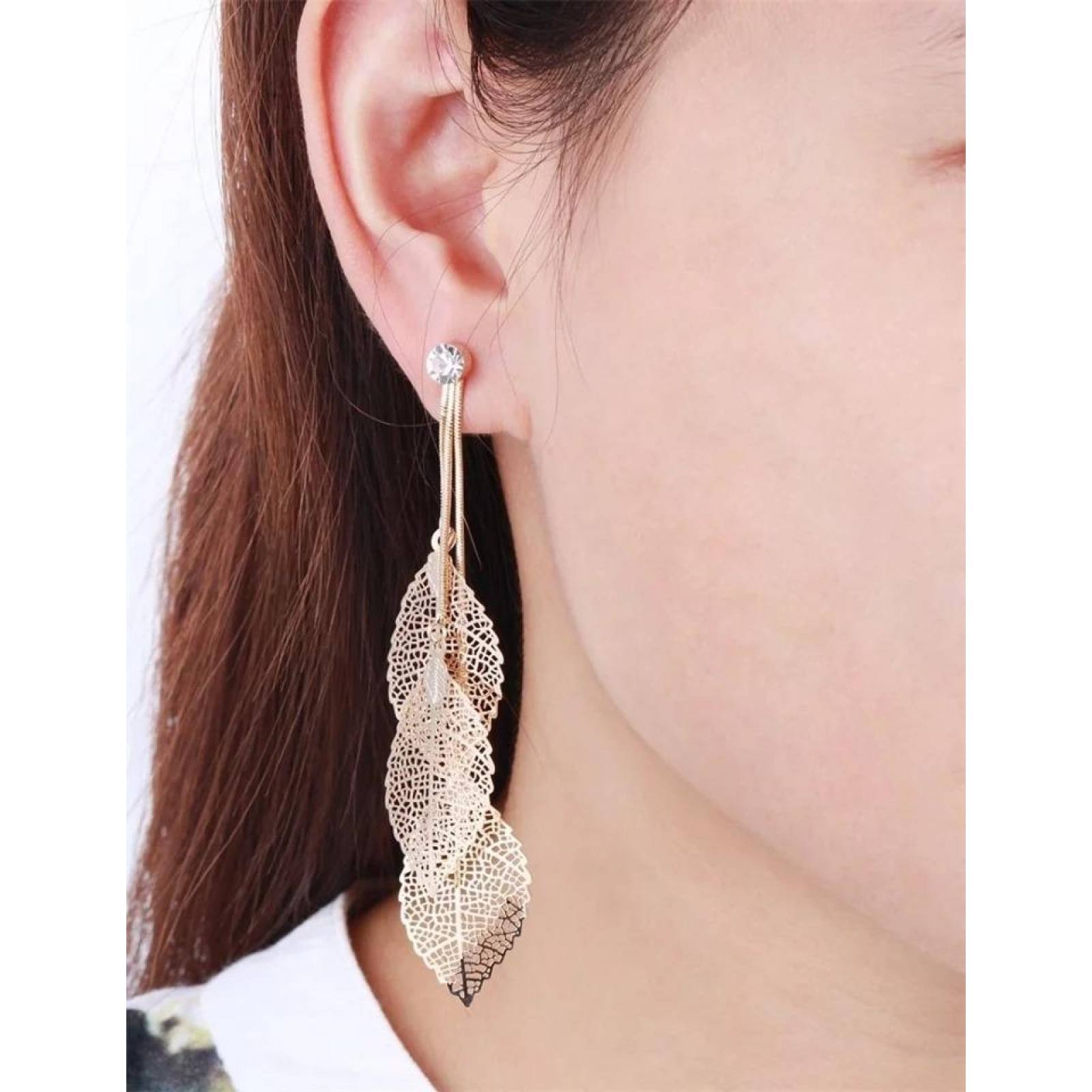 CRISTAL AMOR - Aretes Largos Hojas Filigrana Cristal Oro 14k Laminado 