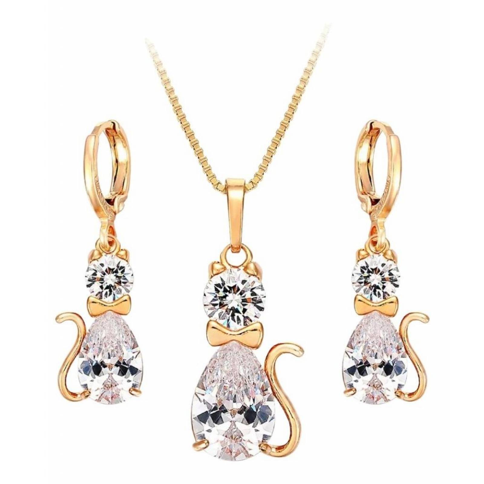 CRISTAL AMOR - Collar Y Aretes Gato Cristal Oro 18k Laminado  