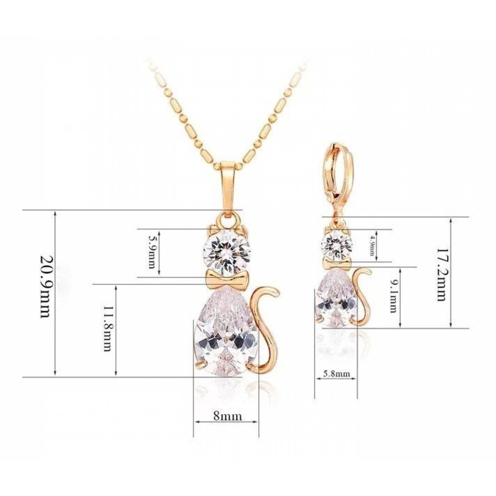 CRISTAL AMOR - Collar Y Aretes Gato Cristal Oro 18k Laminado  