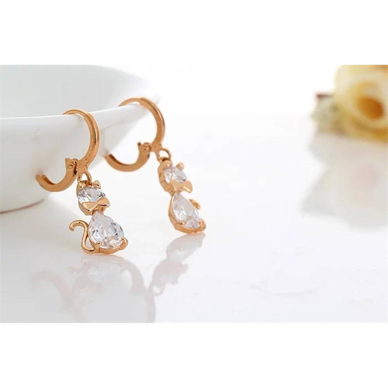 CRISTAL AMOR - Collar Y Aretes Gato Cristal Oro 18k Laminado  