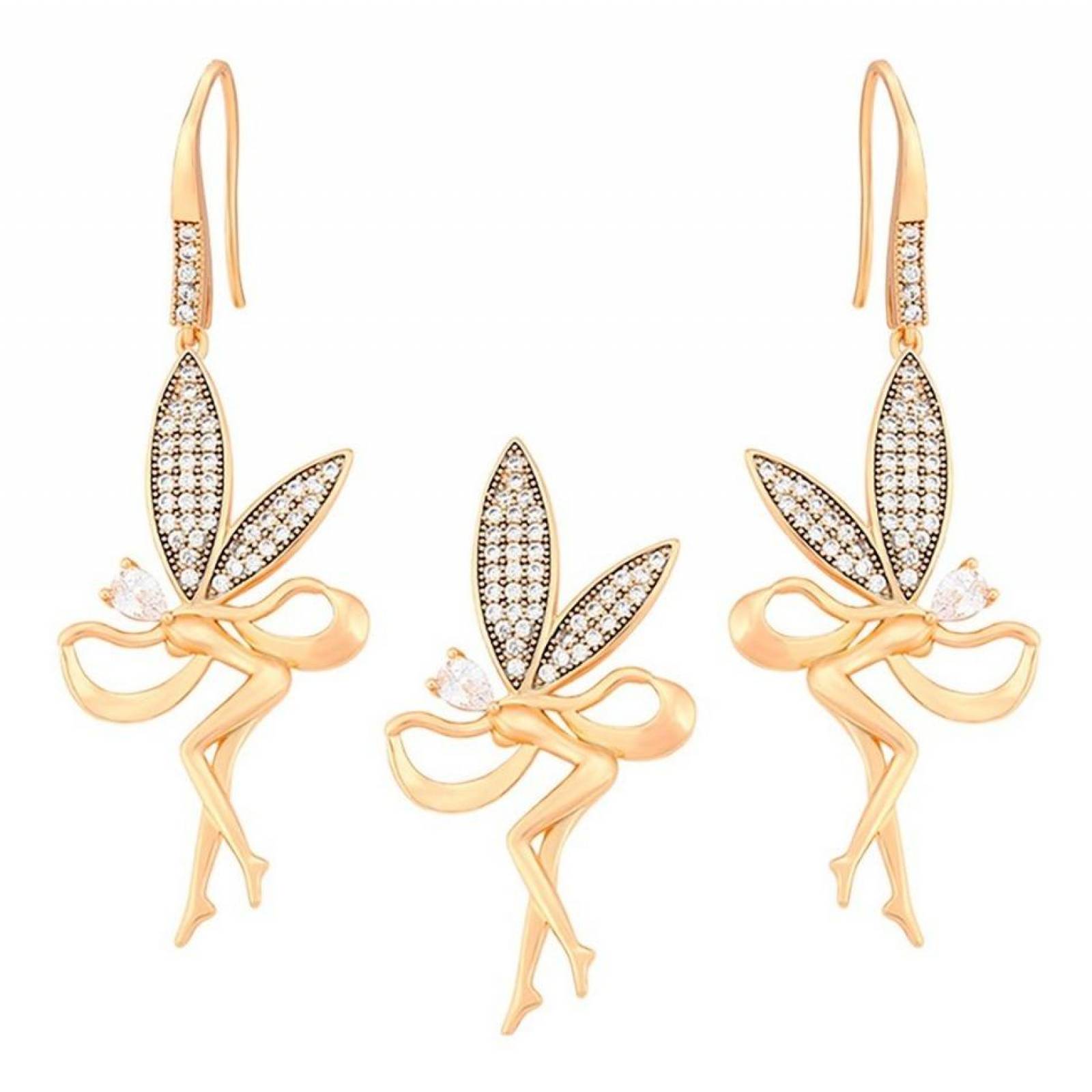 CRISTAL AMOR - Cadena Dije Y Aretes Hada Campanita Cristal Oro Laminado 