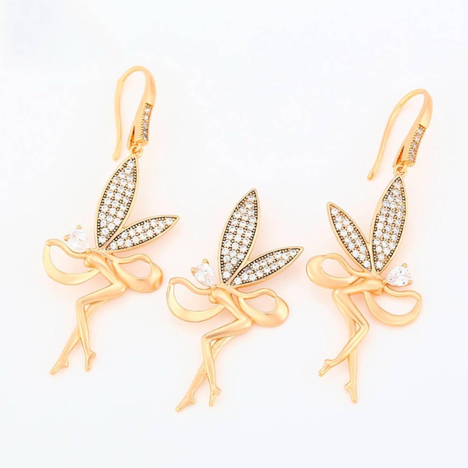 CRISTAL AMOR - Cadena Dije Y Aretes Hada Campanita Cristal Oro Laminado 