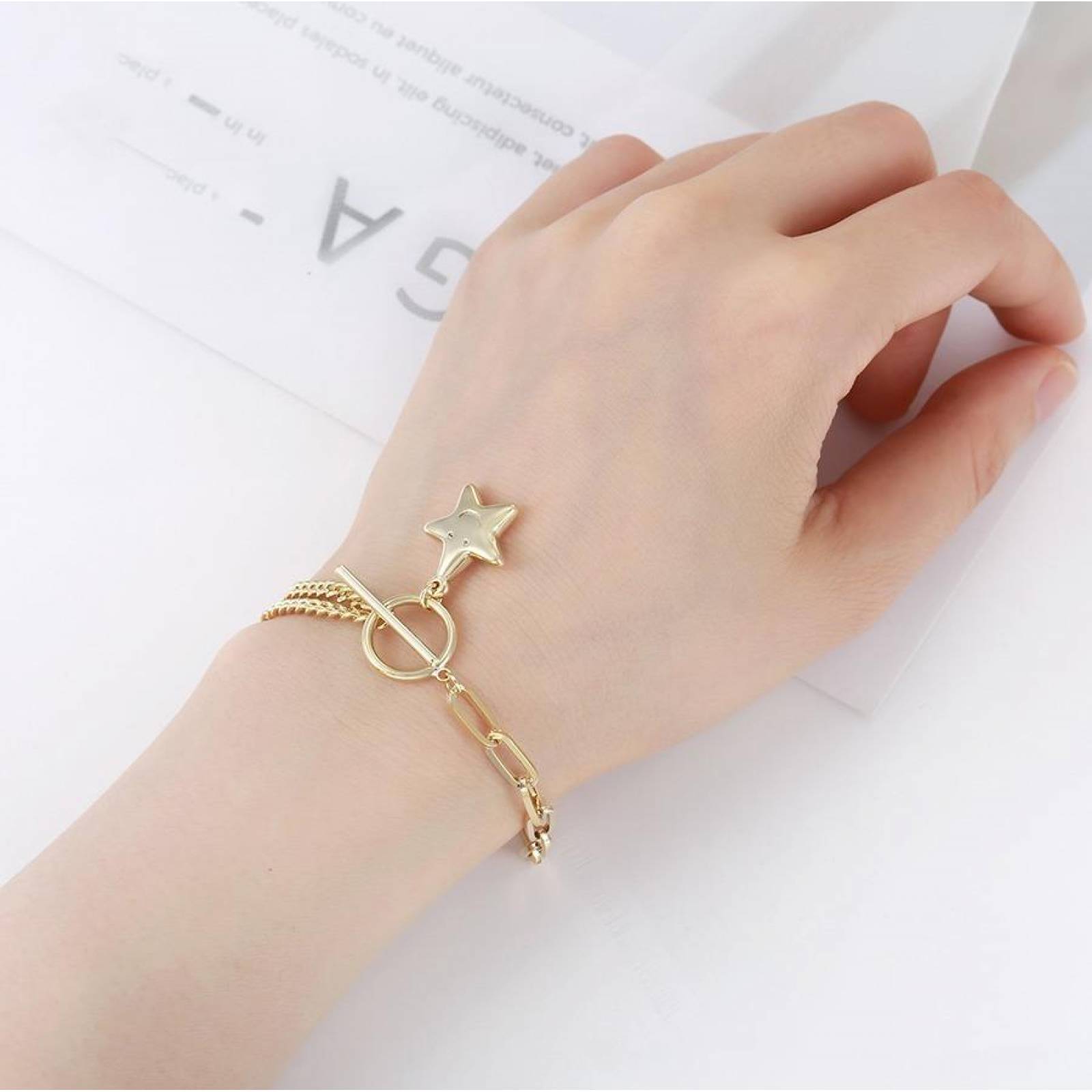 CRISTAL AMOR - Pulsera Dije Estrella Eslabones Oro 14k Laminado 