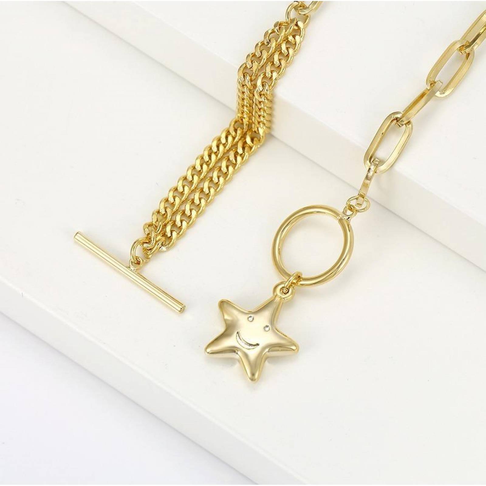 CRISTAL AMOR - Pulsera Dije Estrella Eslabones Oro 14k Laminado 