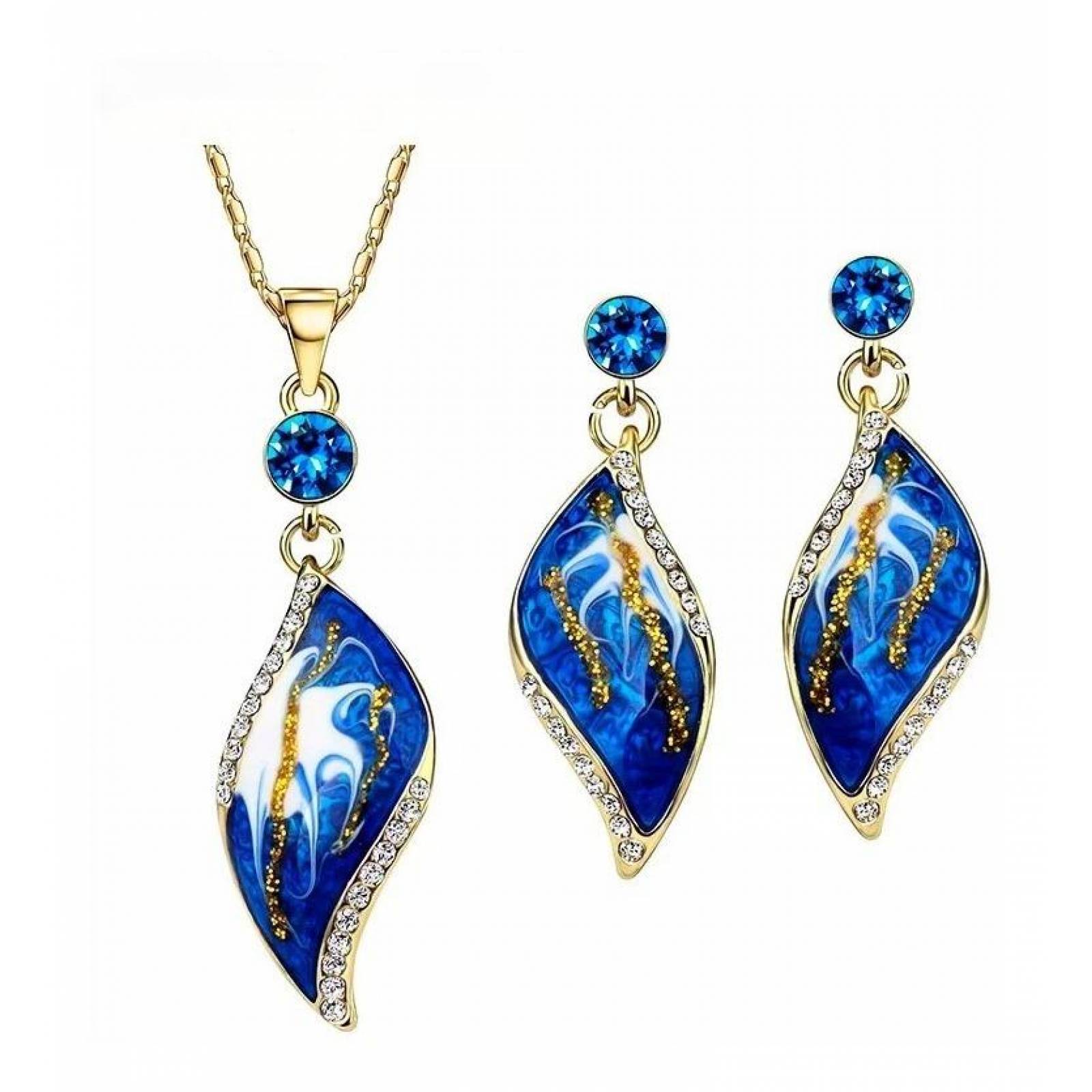 CRISTAL AMOR - Collar Y Aretes Hoja Cristal Oro 18k Laminado  Azul