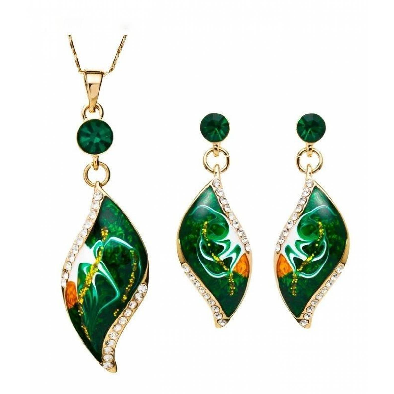 CRISTAL AMOR - Collar Y Aretes Hoja Cristal Oro 18k Laminado  Verde