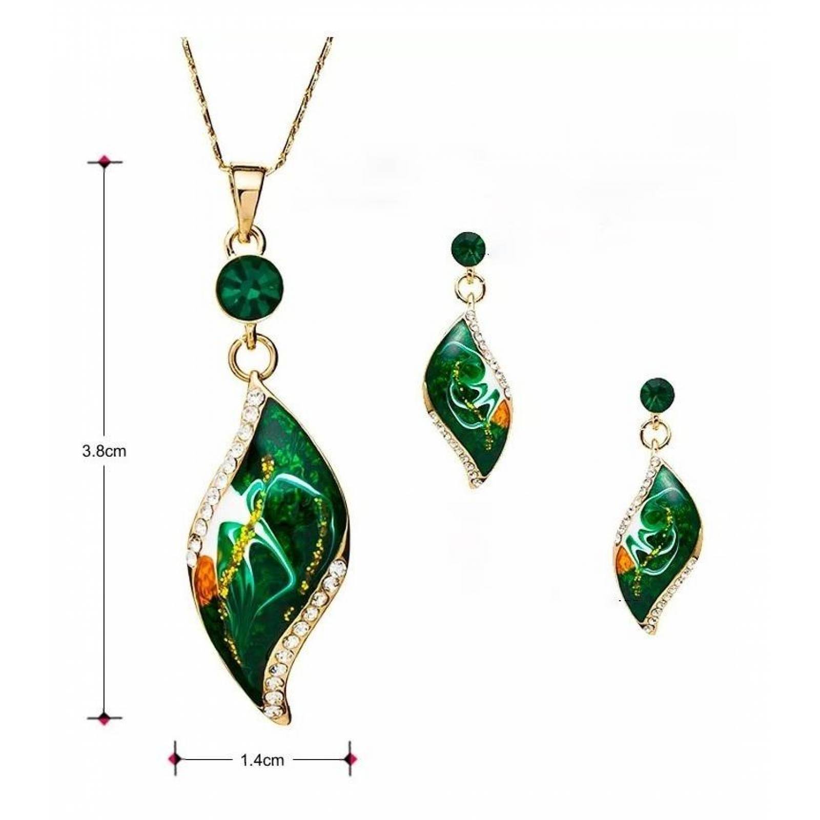 CRISTAL AMOR - Collar Y Aretes Hoja Cristal Oro 18k Laminado  Verde