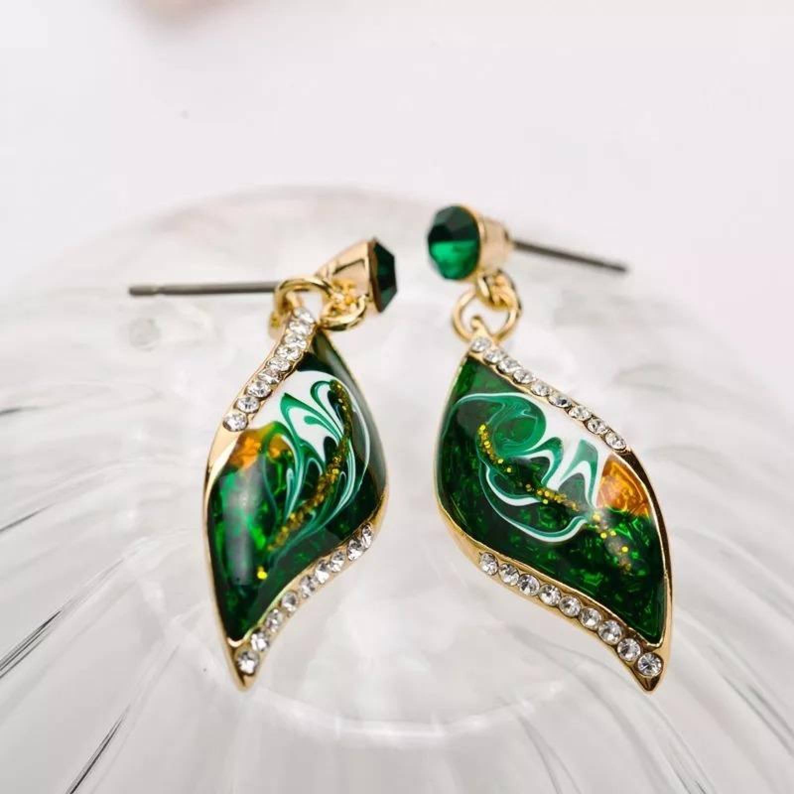 CRISTAL AMOR - Collar Y Aretes Hoja Cristal Oro 18k Laminado  Verde