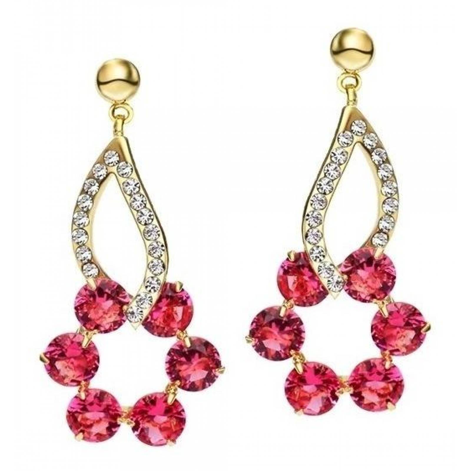CRISTAL AMOR - Aretes Largos Oro 24k Laminado Con Rubi Y Cristal  