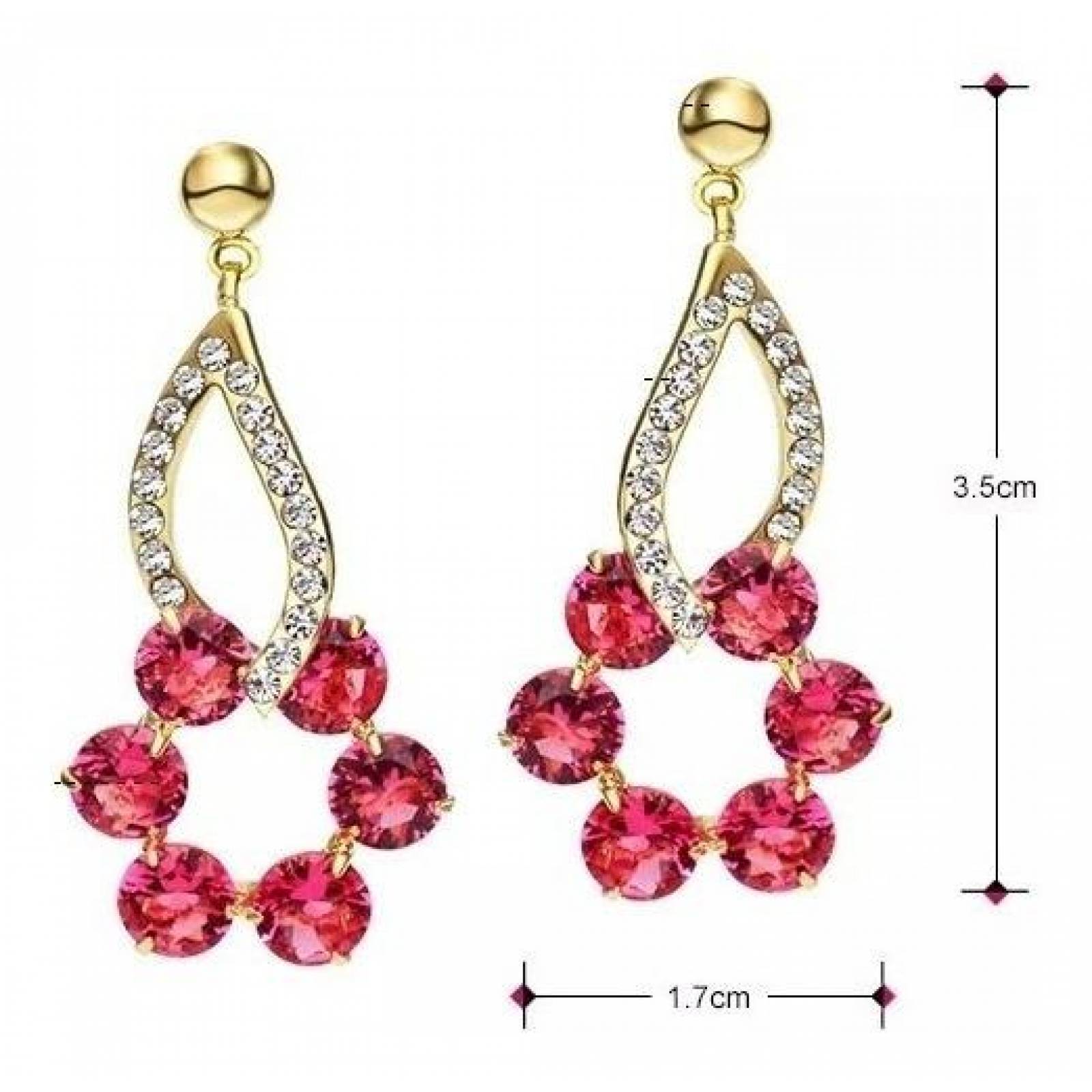 CRISTAL AMOR - Aretes Largos Oro 24k Laminado Con Rubi Y Cristal  