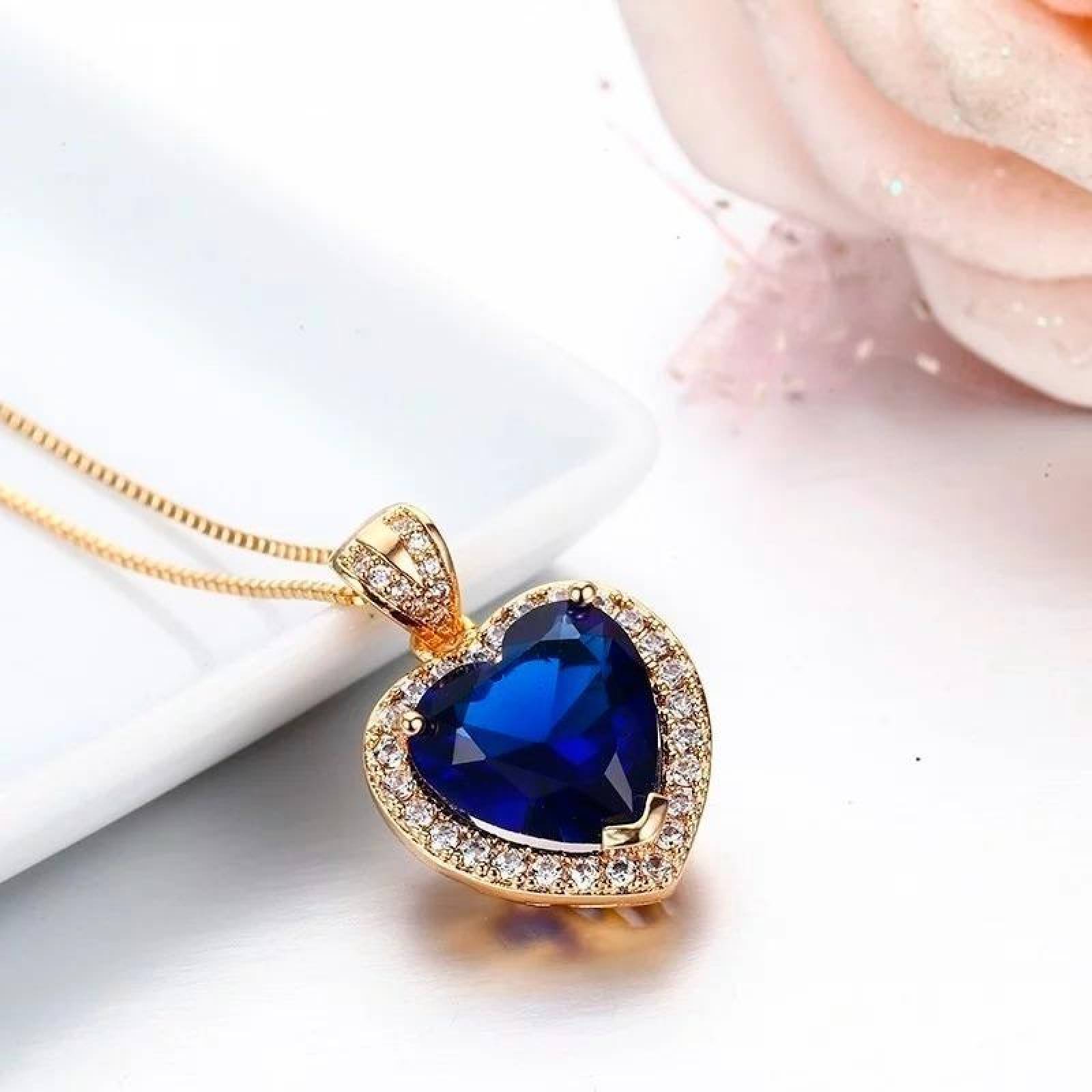 CRISTAL AMOR - Collar Corazón Titanic Zafiro Y Cristal Oro 14k Laminado 