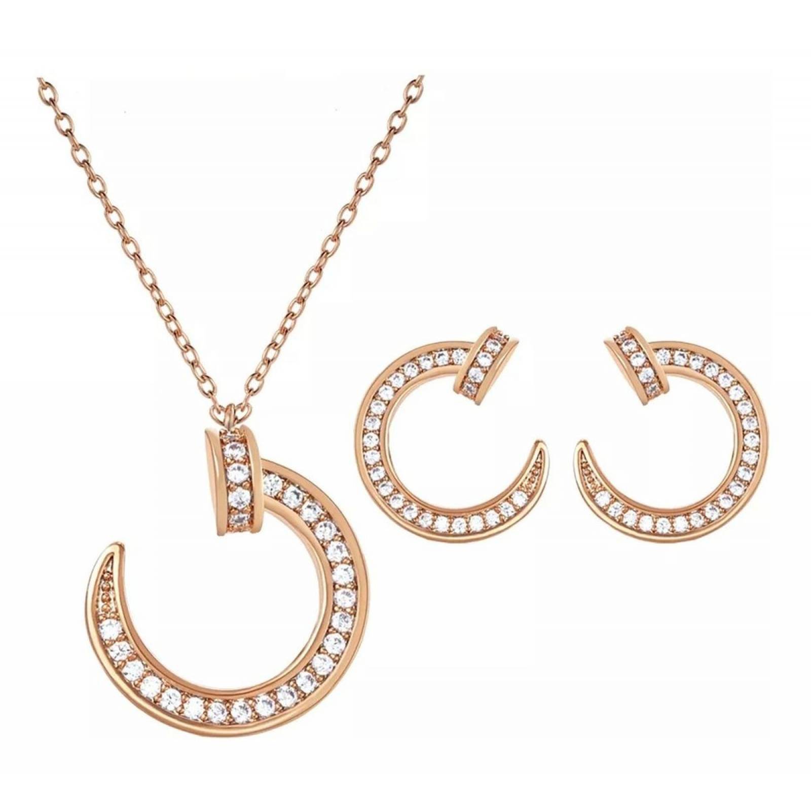 CRISTAL AMOR - Collar Y Aretes Clavo Cristales Oro 14k Laminado Rosa