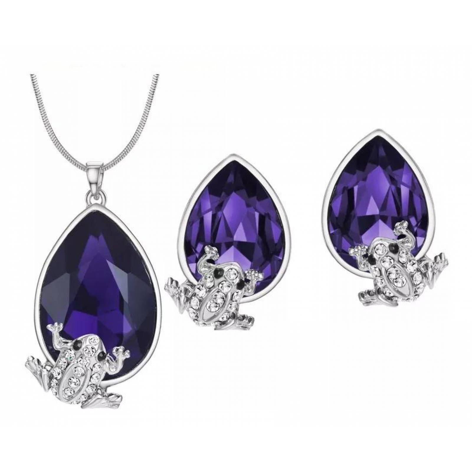CRISTAL AMOR - Collar Y Aretes Gota Cristal Rana Oro 24k Laminado Violeta oscuro