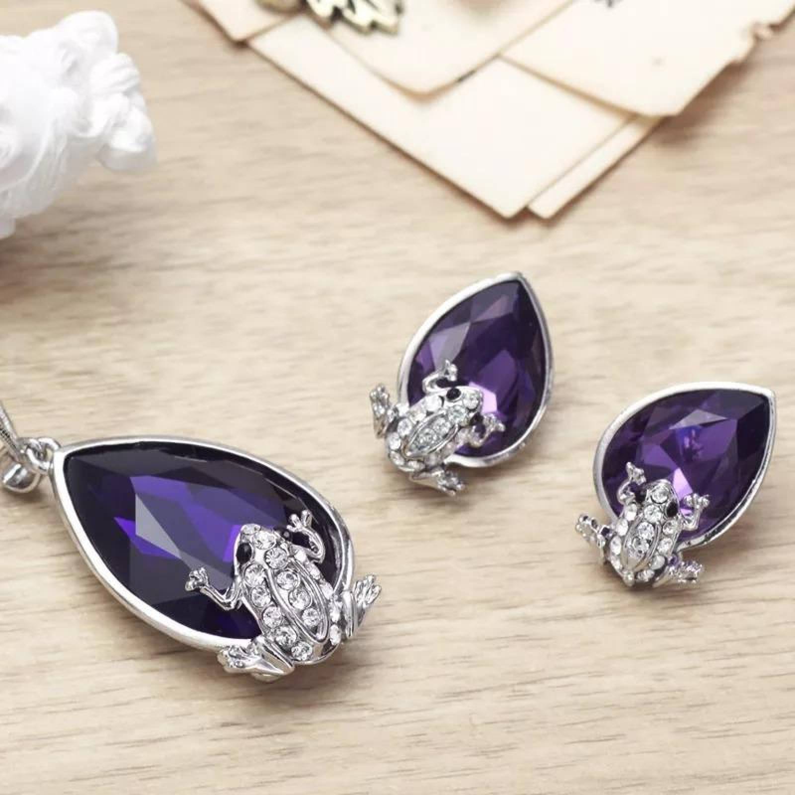 CRISTAL AMOR - Collar Y Aretes Gota Cristal Rana Oro 24k Laminado Violeta oscuro