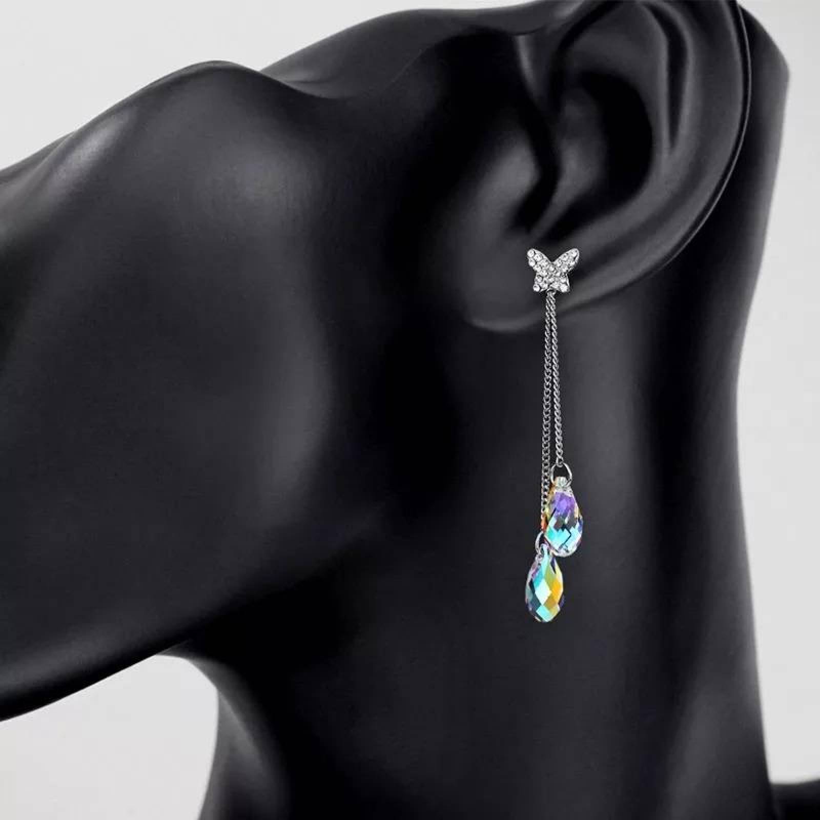CRISTAL AMOR - Aretes Largos Mariposa con Cristales Oro 18k Laminado 