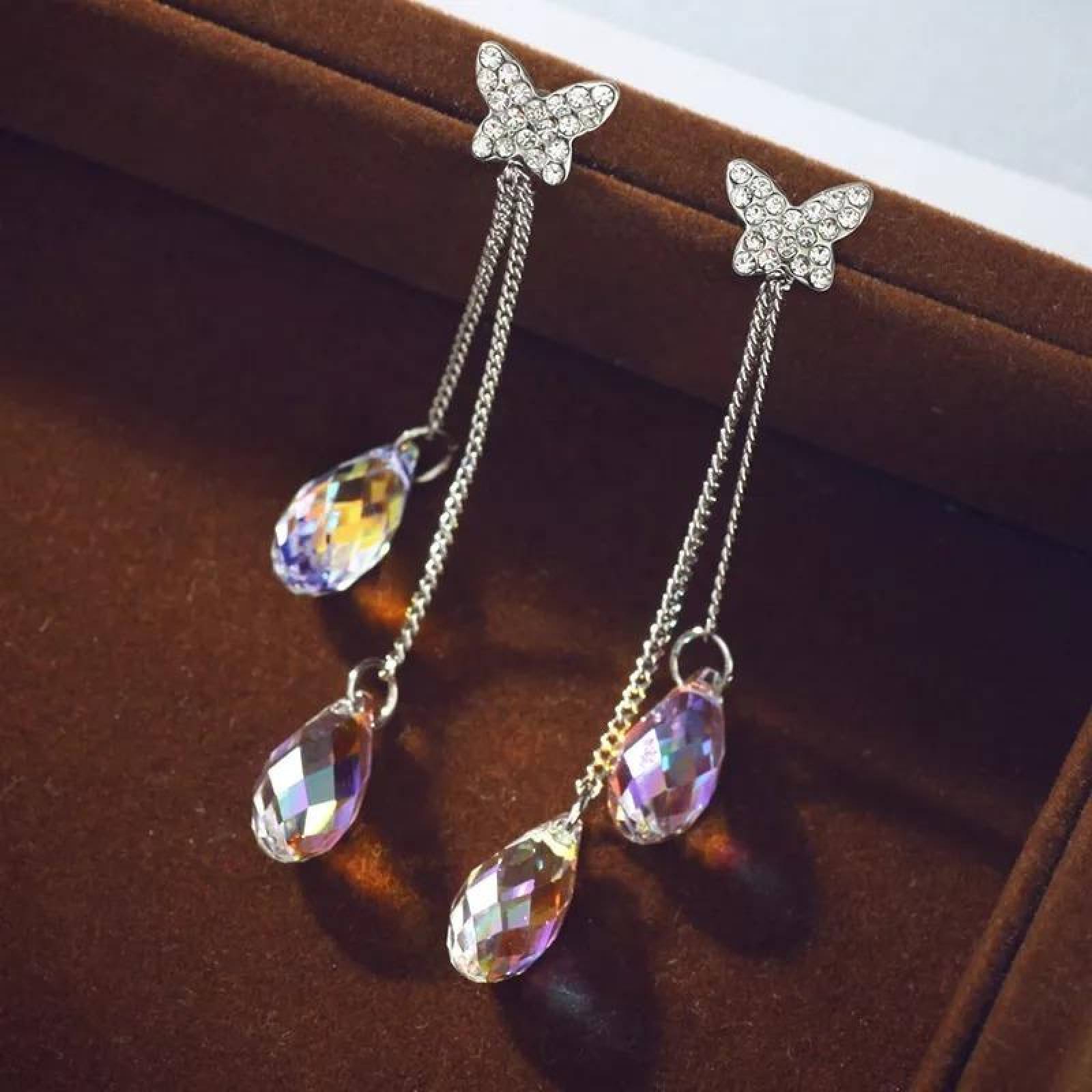CRISTAL AMOR - Aretes Largos Mariposa con Cristales Oro 18k Laminado 