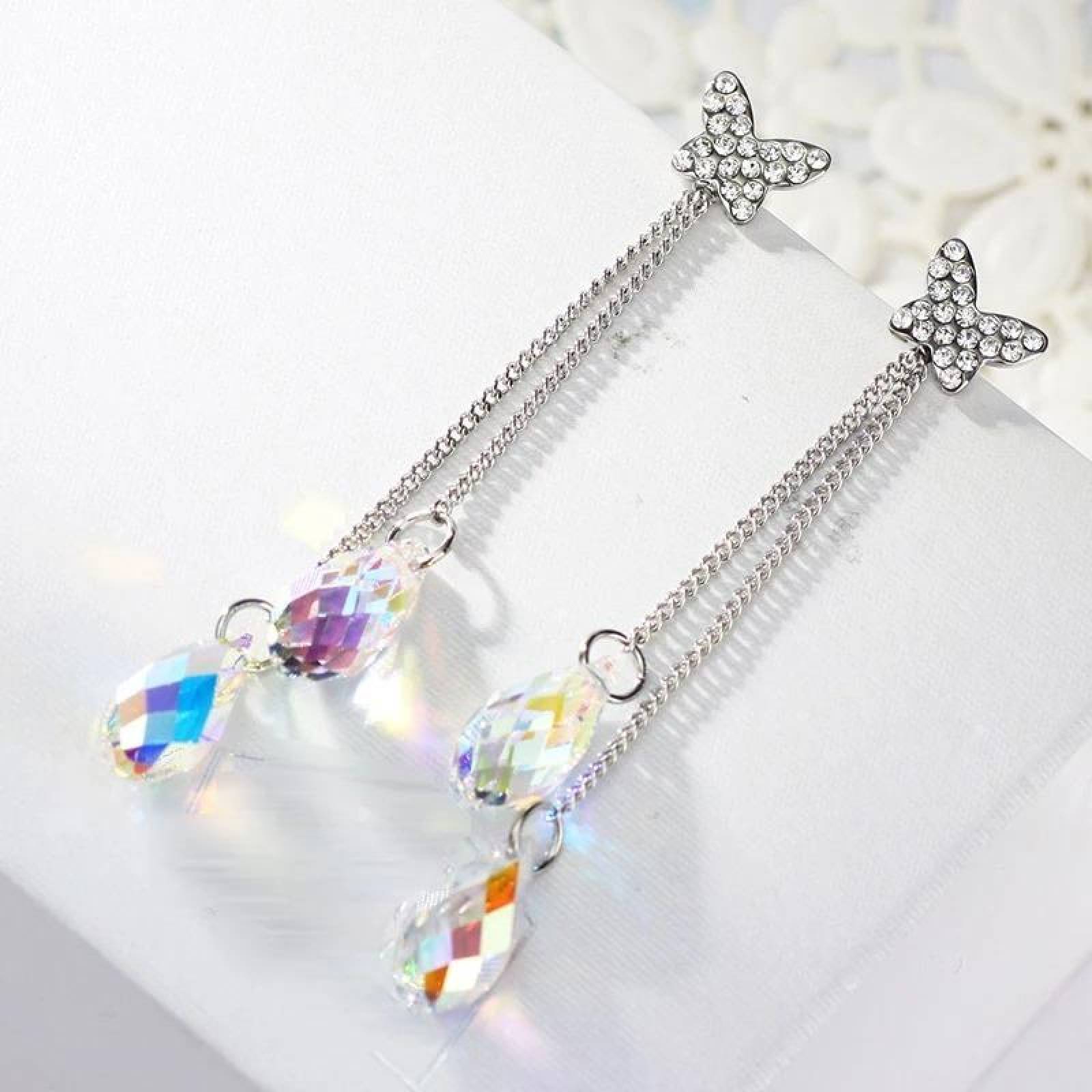 CRISTAL AMOR - Aretes Largos Mariposa con Cristales Oro 18k Laminado 
