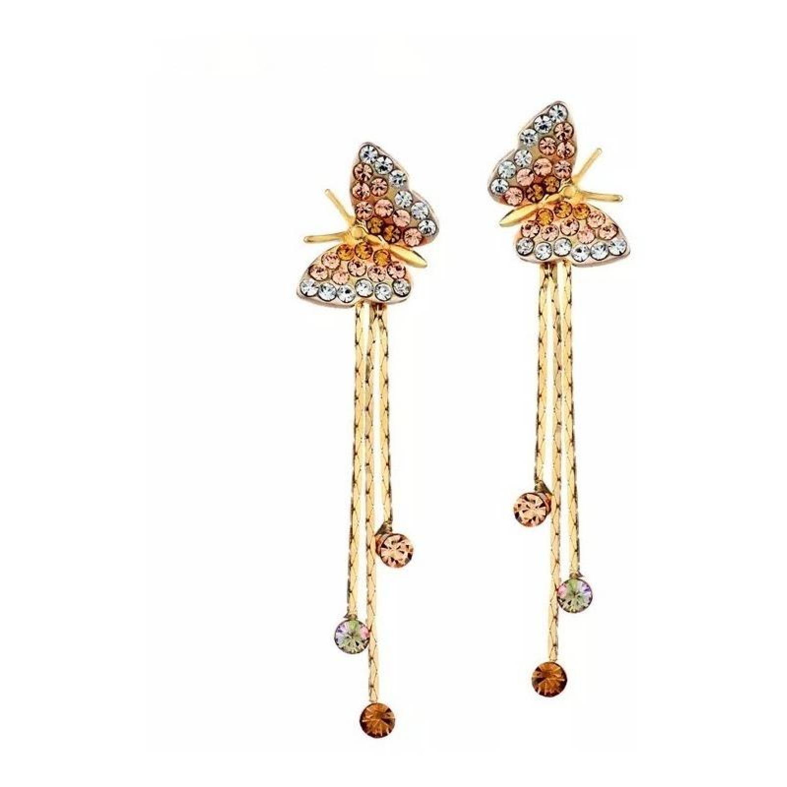 CRISTAL AMOR - Aretes Largos De Mariposa Cristales Oro 18k Laminado