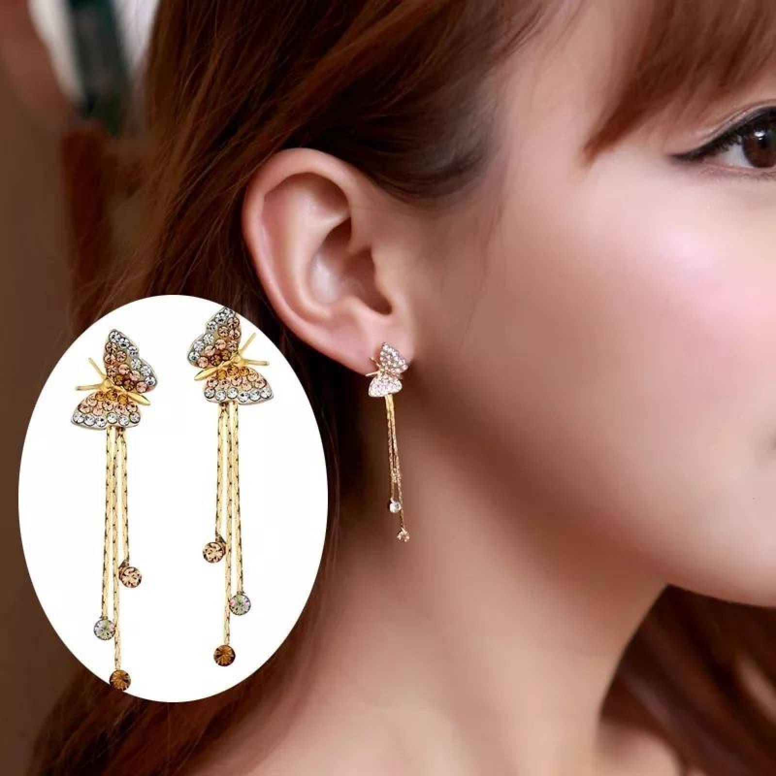 CRISTAL AMOR - Aretes Largos De Mariposa Cristales Oro 18k Laminado