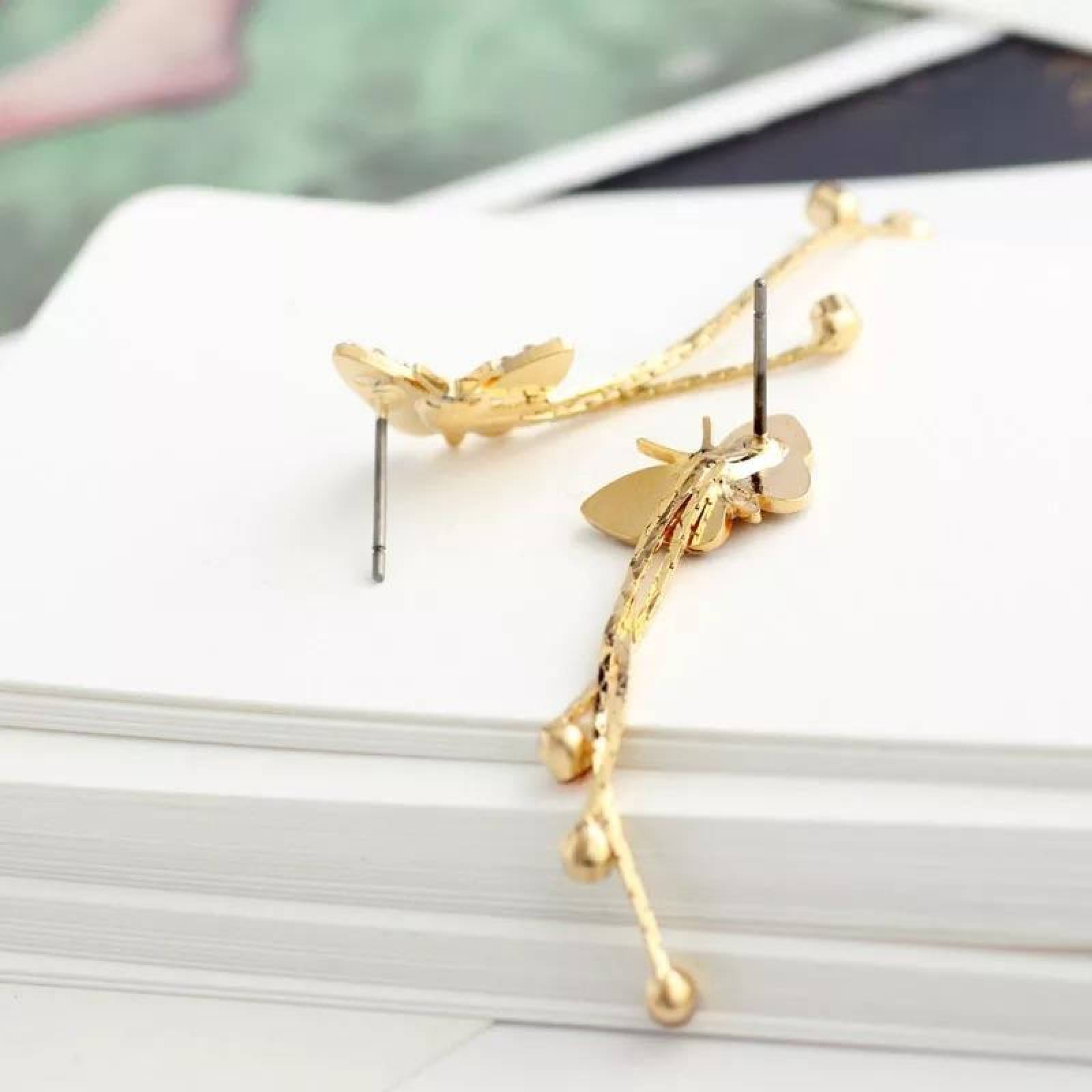 CRISTAL AMOR - Aretes Largos De Mariposa Cristales Oro 18k Laminado