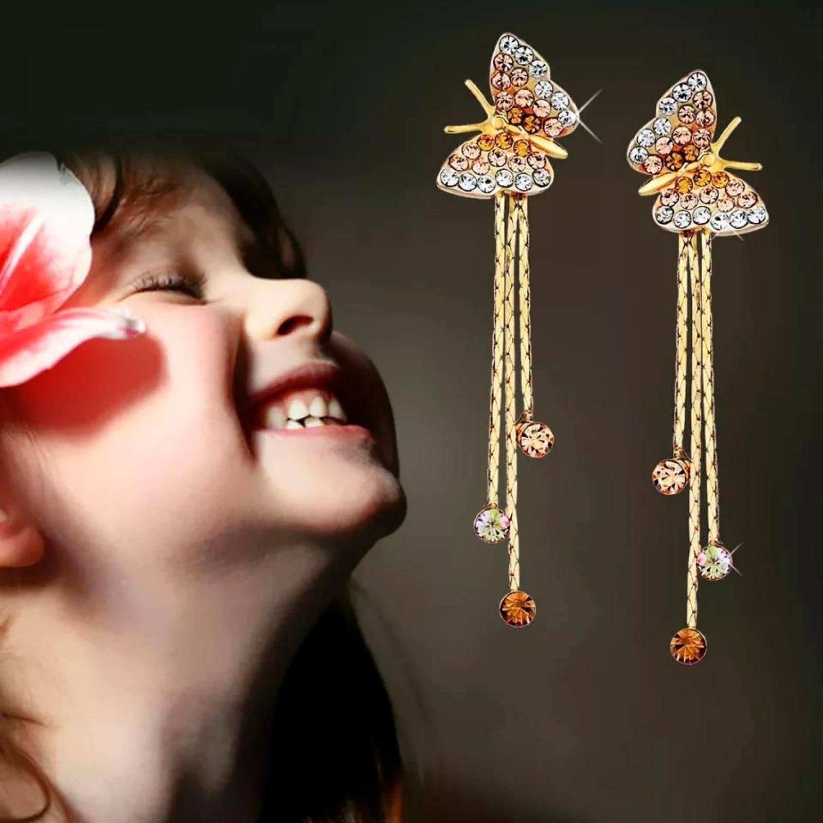 CRISTAL AMOR - Aretes Largos De Mariposa Cristales Oro 18k Laminado