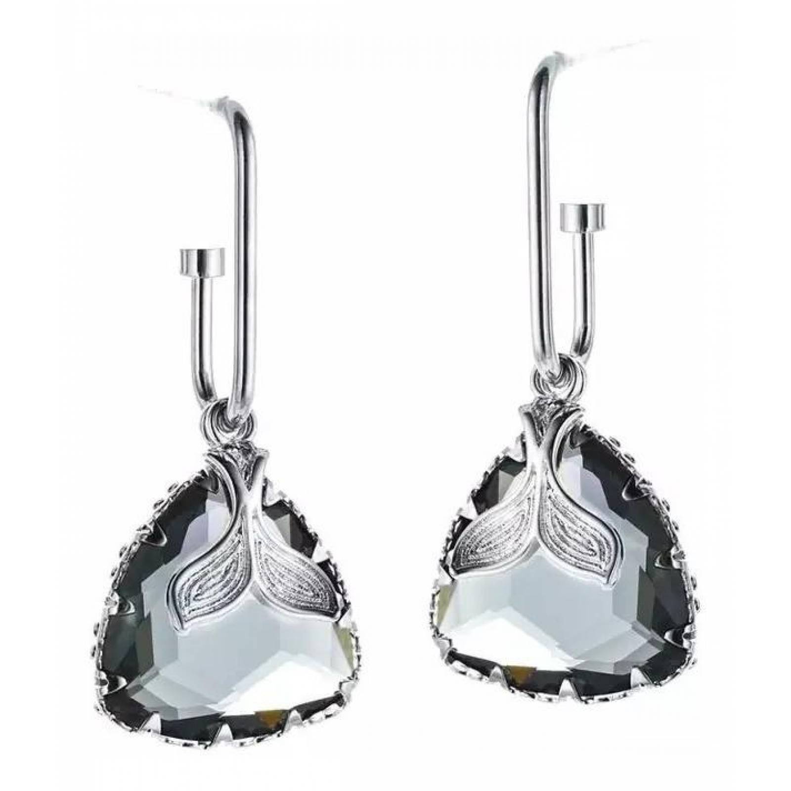 CRISTAL AMOR - Aretes Sirena Cristal Azul Humo Oro 14k Laminado Blanco