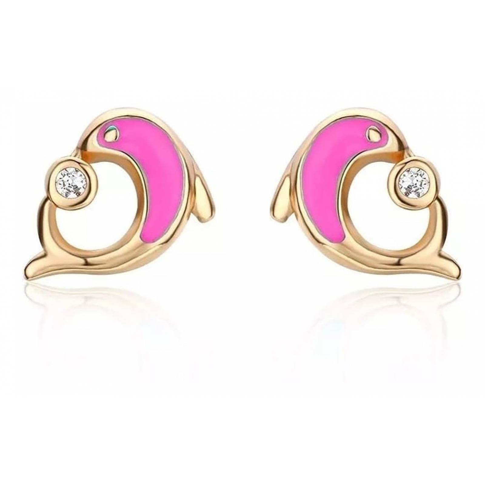 CRISTAL AMOR - Aretes Broquel Delfin Cristal Cristal Oro 14k Laminado Rosa