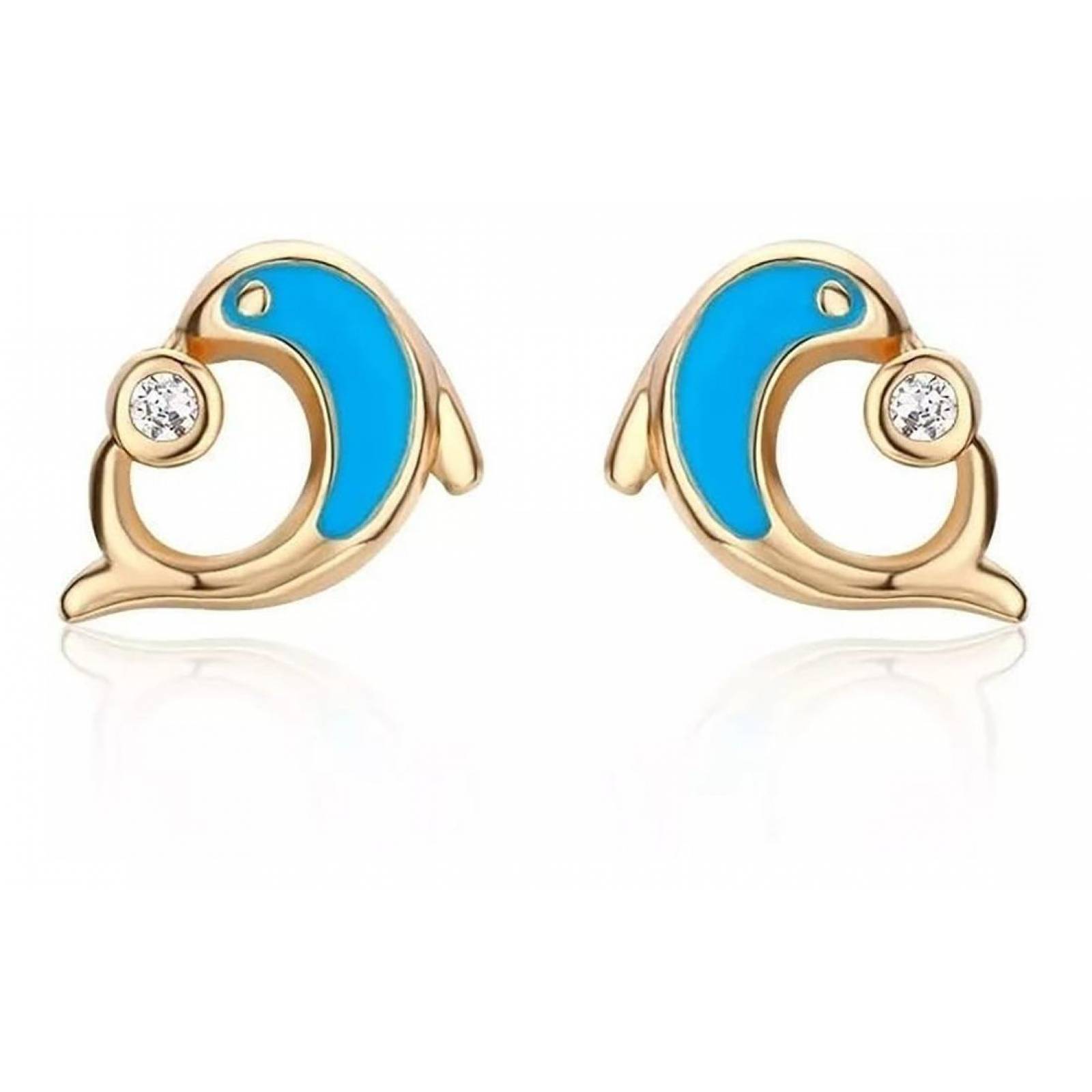 CRISTAL AMOR - Aretes Broquel Delfin Cristal Cristal Oro 14k Laminado Azul