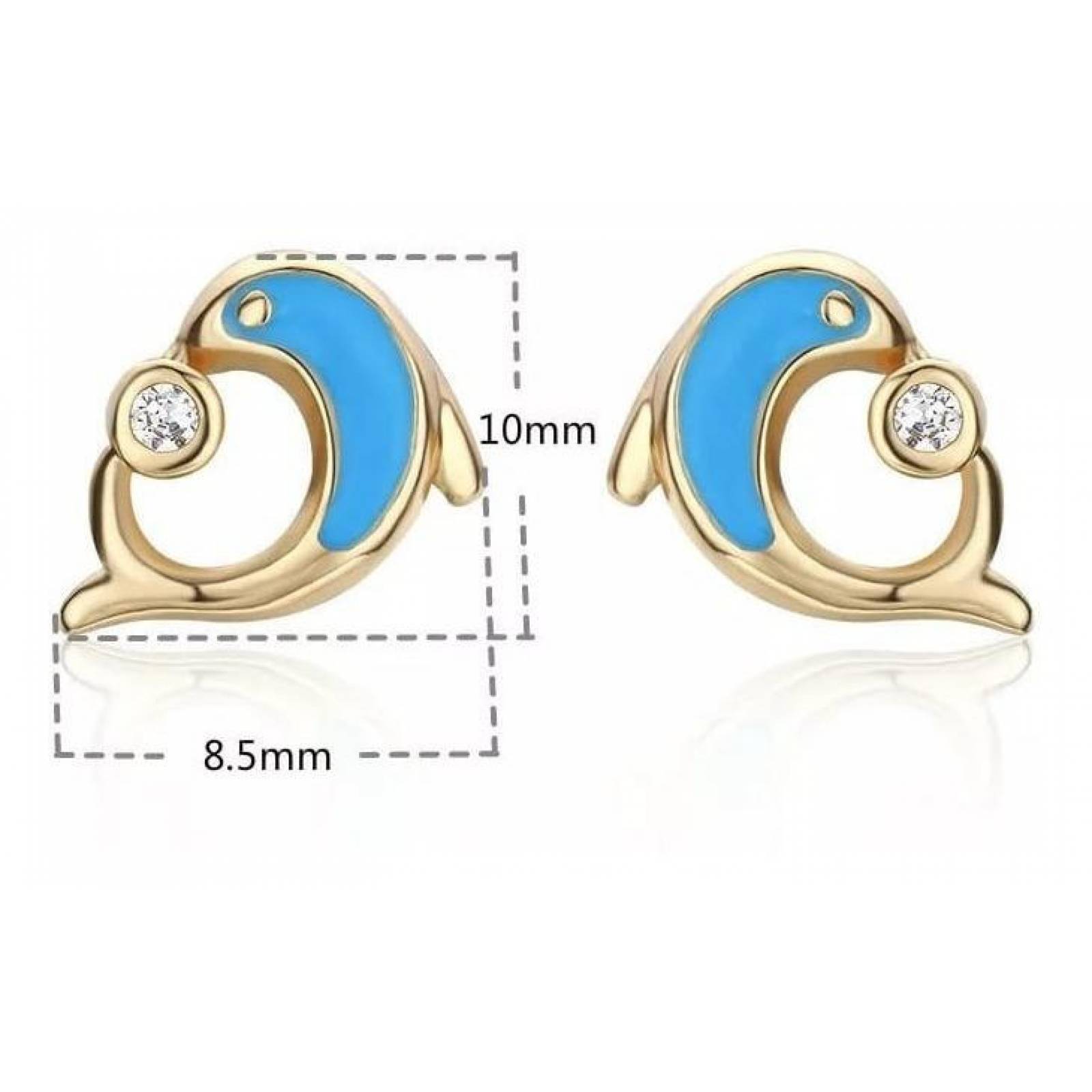 CRISTAL AMOR - Aretes Broquel Delfin Cristal Cristal Oro 14k Laminado Azul