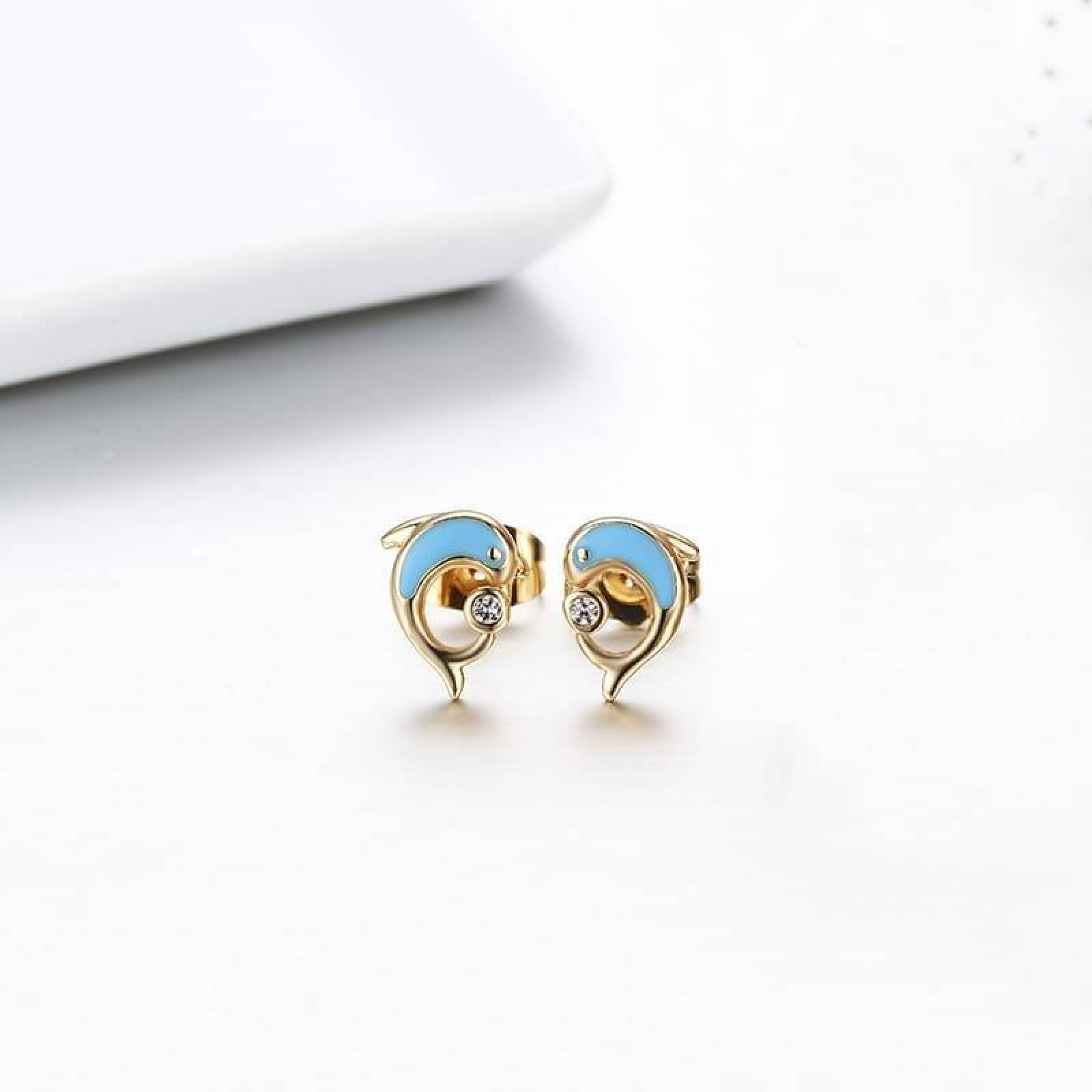 CRISTAL AMOR - Aretes Broquel Delfin Cristal Cristal Oro 14k Laminado Azul