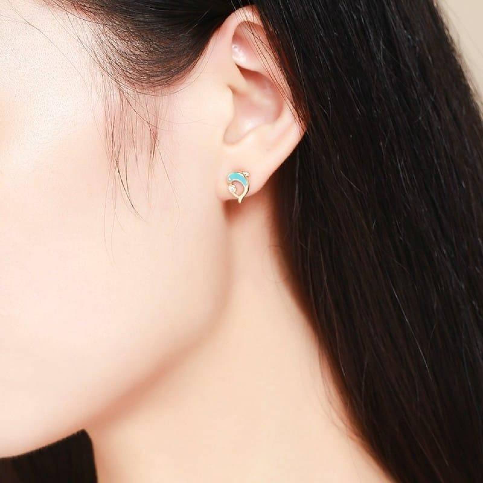 CRISTAL AMOR - Aretes Broquel Delfin Cristal Cristal Oro 14k Laminado Azul