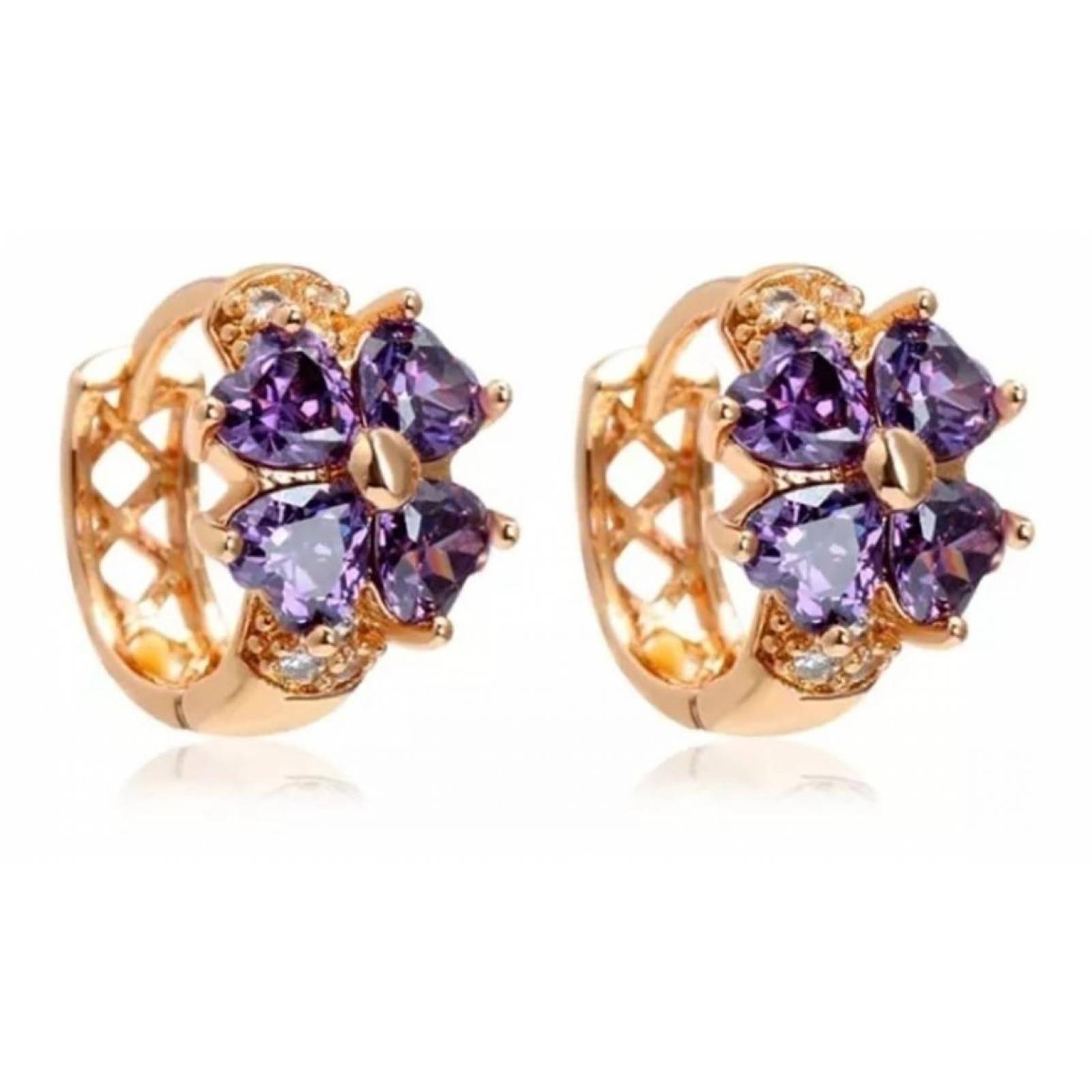 CRISTAL AMOR - Arracadas Huggies Flor Cristales Para Niña Oro Laminado Violeta