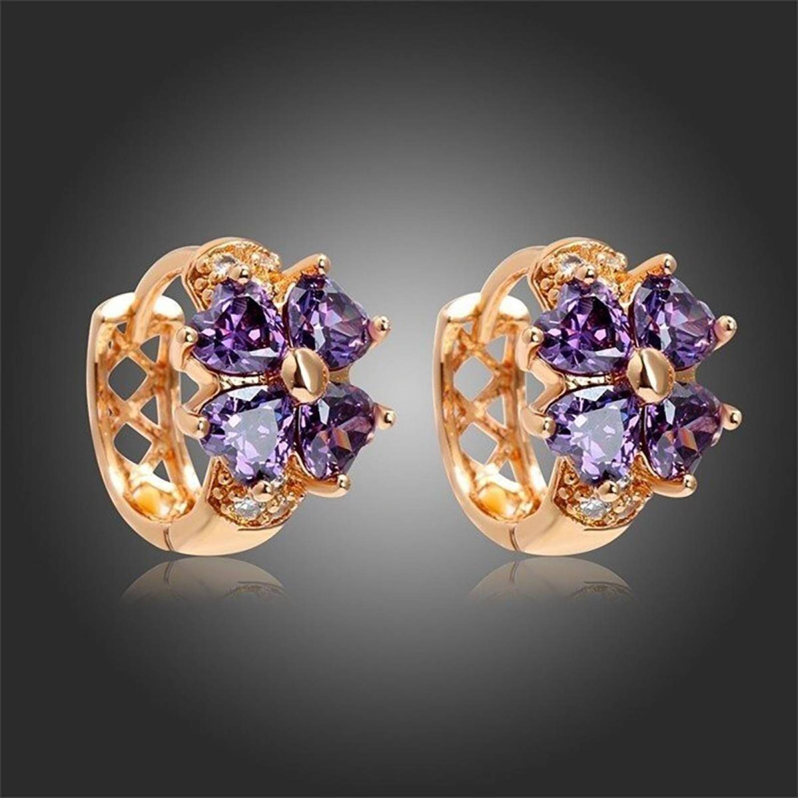 CRISTAL AMOR - Arracadas Huggies Flor Cristales Para Niña Oro Laminado Violeta