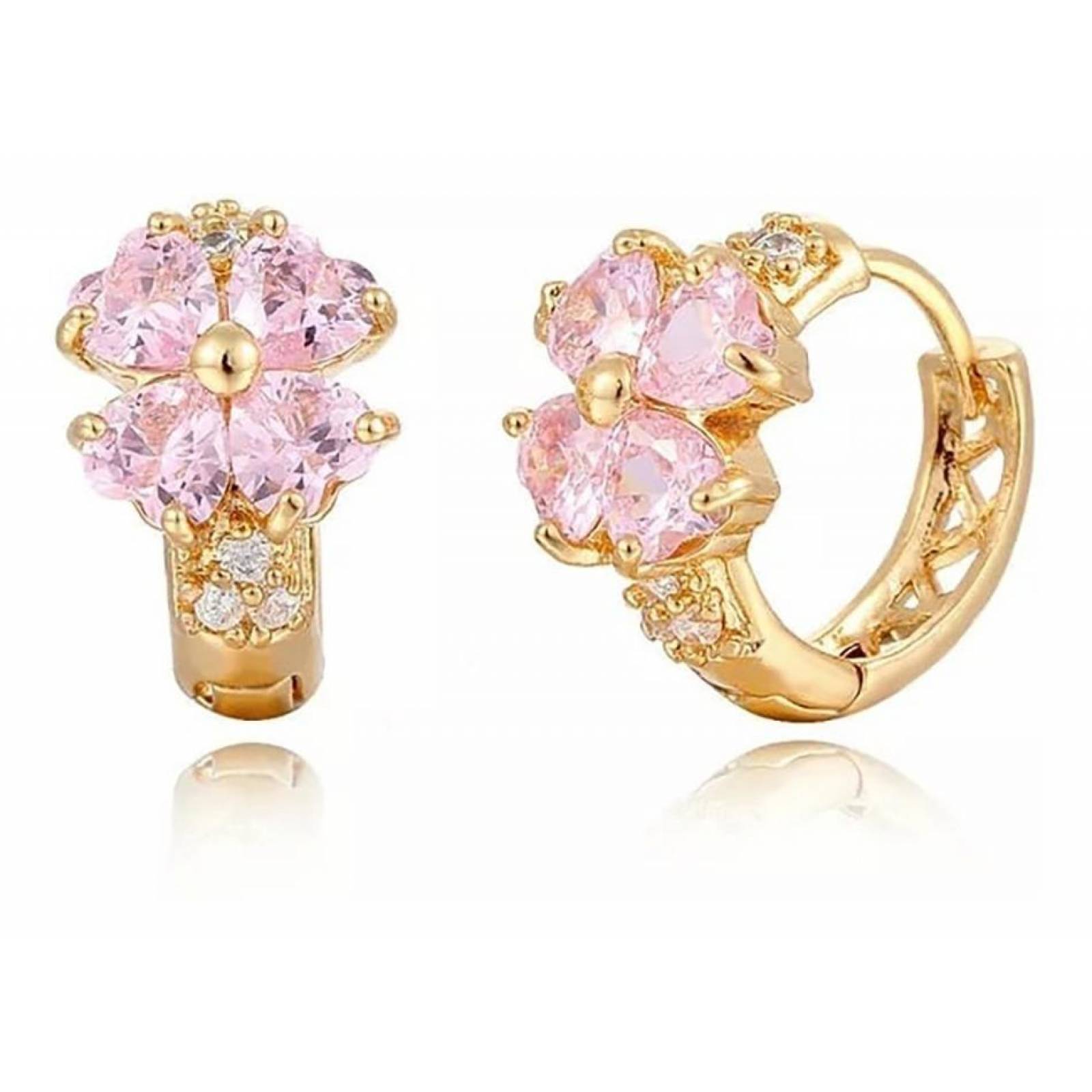 CRISTAL AMOR - Arracadas Huggies Flor Cristales Para Niña Oro Laminado Rosa