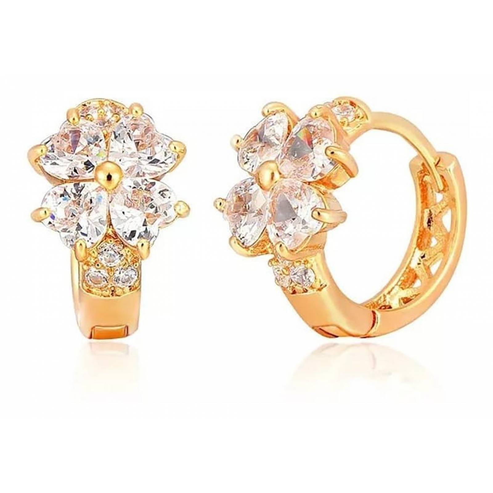 CRISTAL AMOR - Arracadas Huggies Flor Cristales Para Niña Oro Laminado Blanco