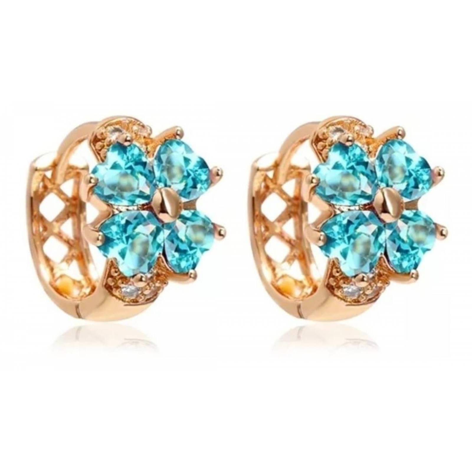 CRISTAL AMOR - Arracadas Huggies Flor Cristales Para Niña Oro Laminado Celeste