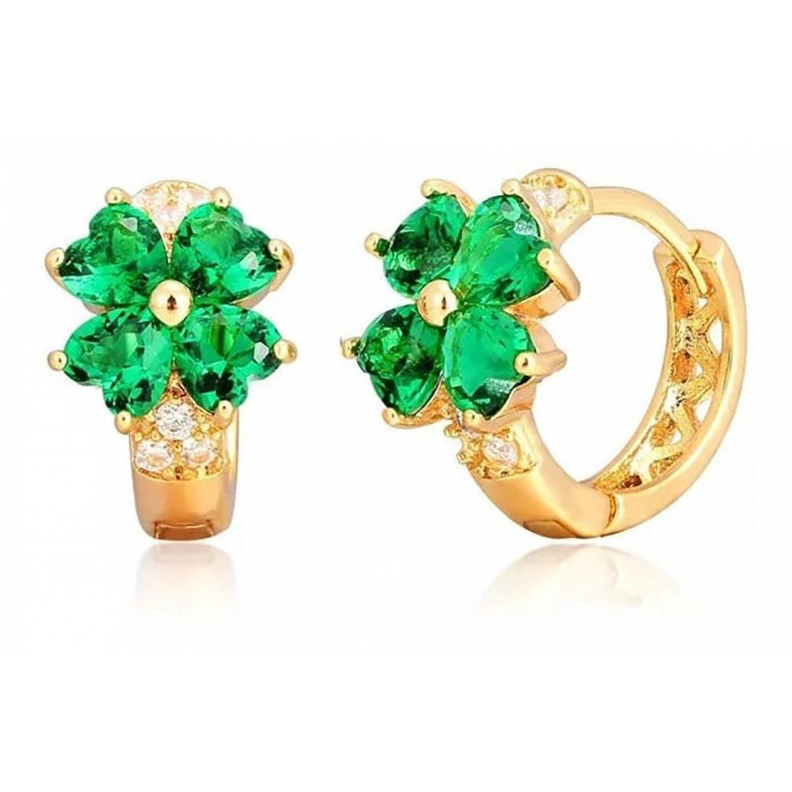 CRISTAL AMOR - Arracadas Huggies Flor Cristales Para Niña Oro Laminado Verde