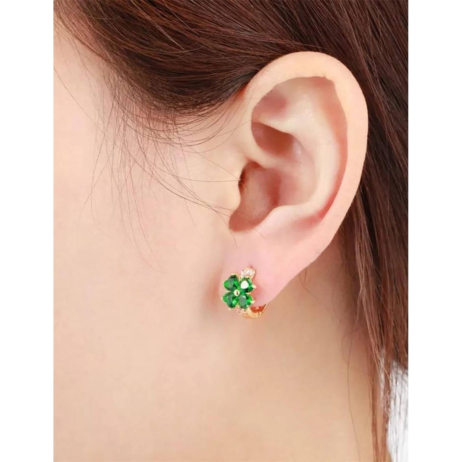 CRISTAL AMOR - Arracadas Huggies Flor Cristales Para Niña Oro Laminado Verde