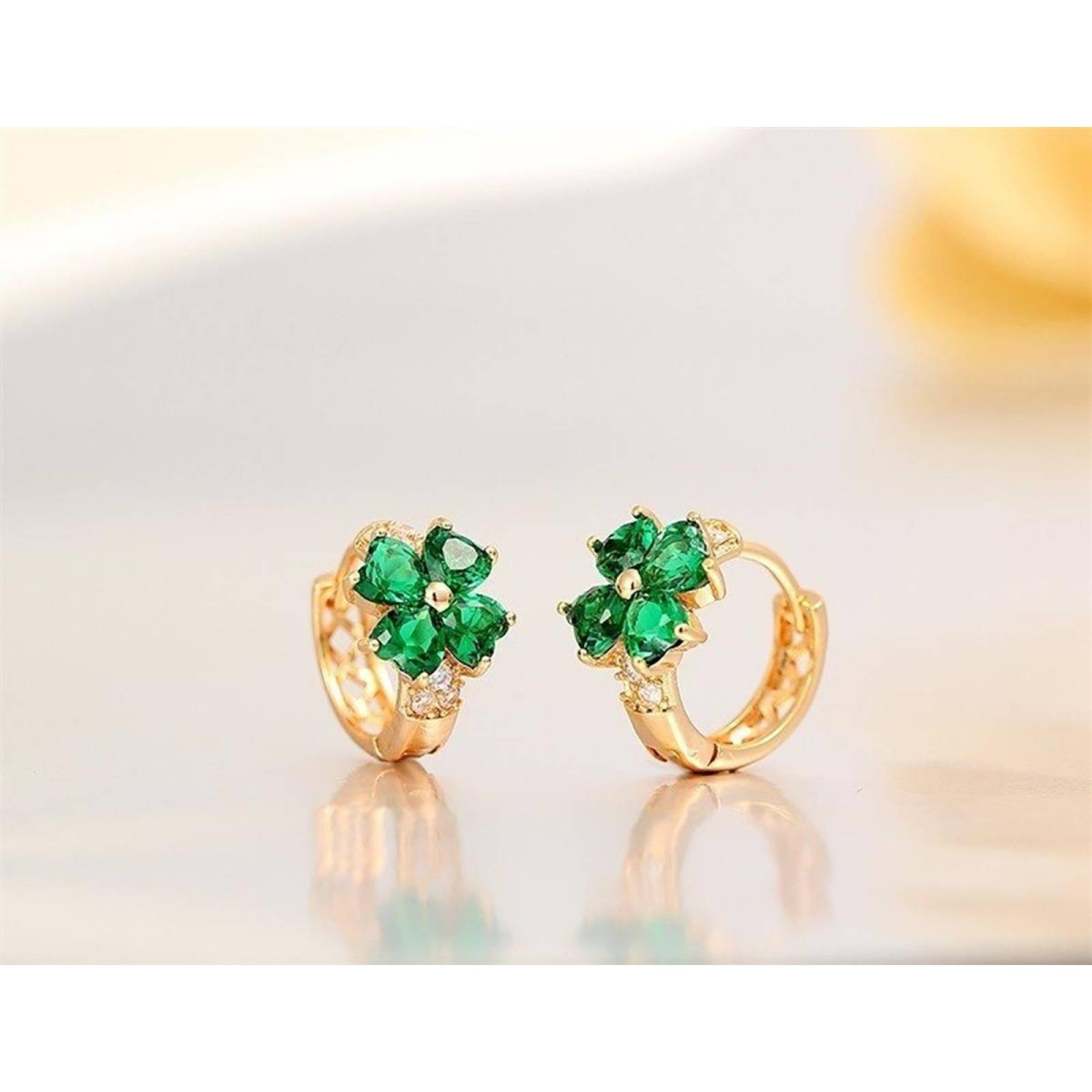 CRISTAL AMOR - Arracadas Huggies Flor Cristales Para Niña Oro Laminado Verde