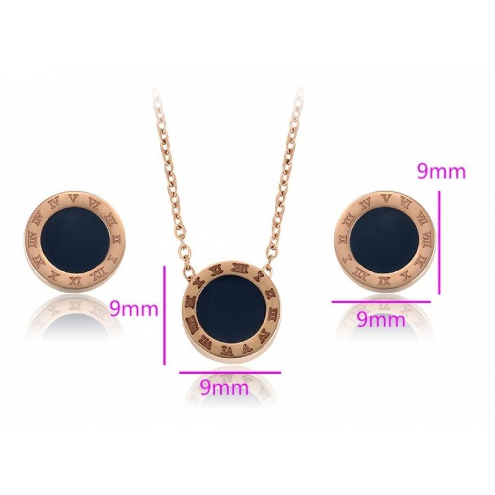 CRISTAL AMOR - Clasico Collar Y Aretes Numeros Romanos Oro 14k Laminado Rosa/Negro