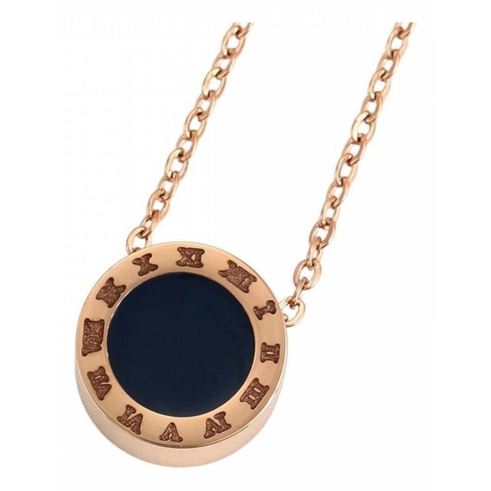 CRISTAL AMOR - Clasico Collar Y Aretes Numeros Romanos Oro 14k Laminado Rosa/Negro
