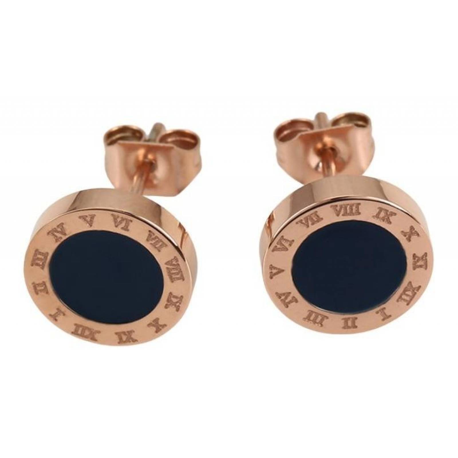 CRISTAL AMOR - Clasico Collar Y Aretes Numeros Romanos Oro 14k Laminado Rosa/Negro